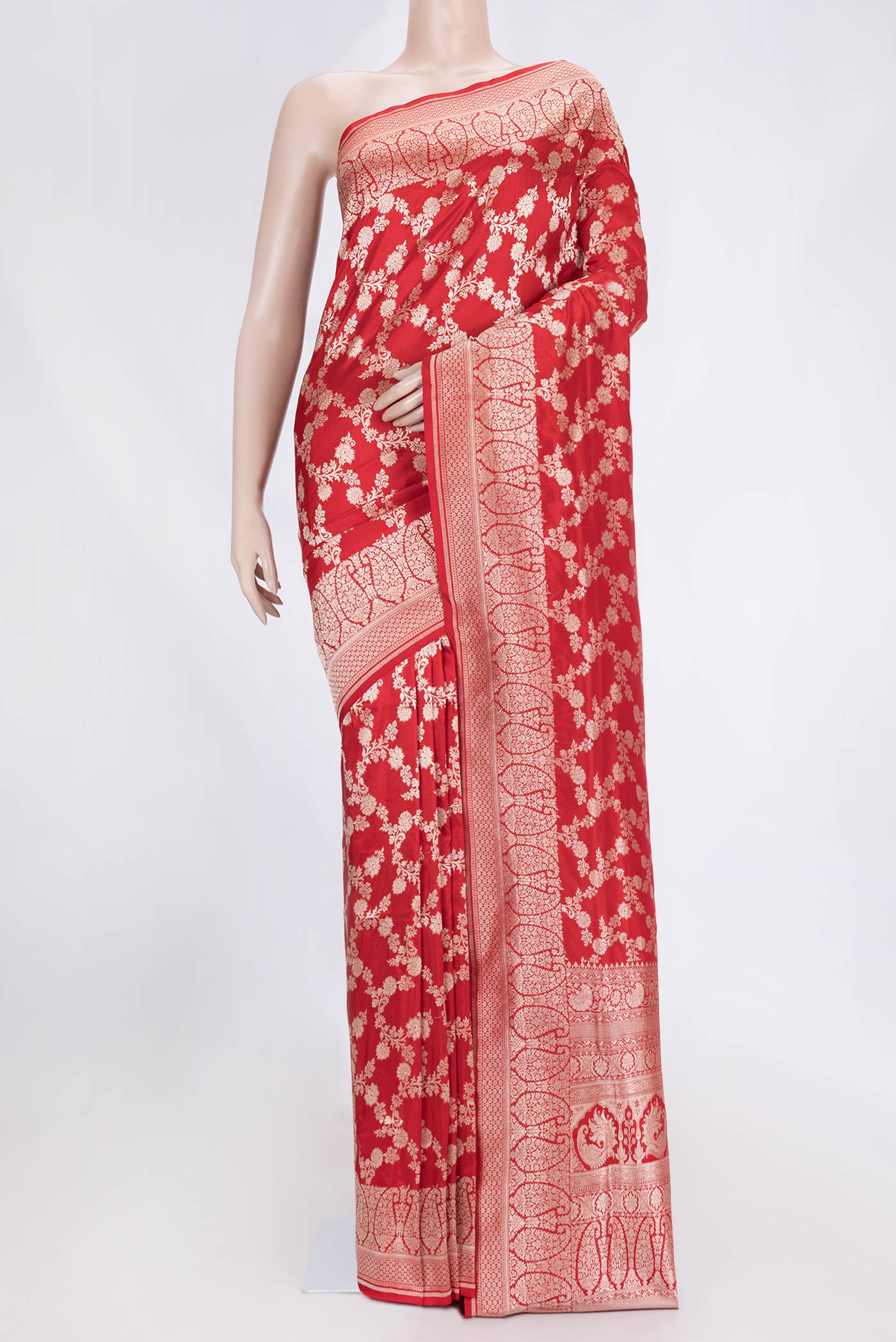 Red Dual Tone Banarasi Silk Saree with Zari Brocade on the body and Zari Border displayed on a mannequin