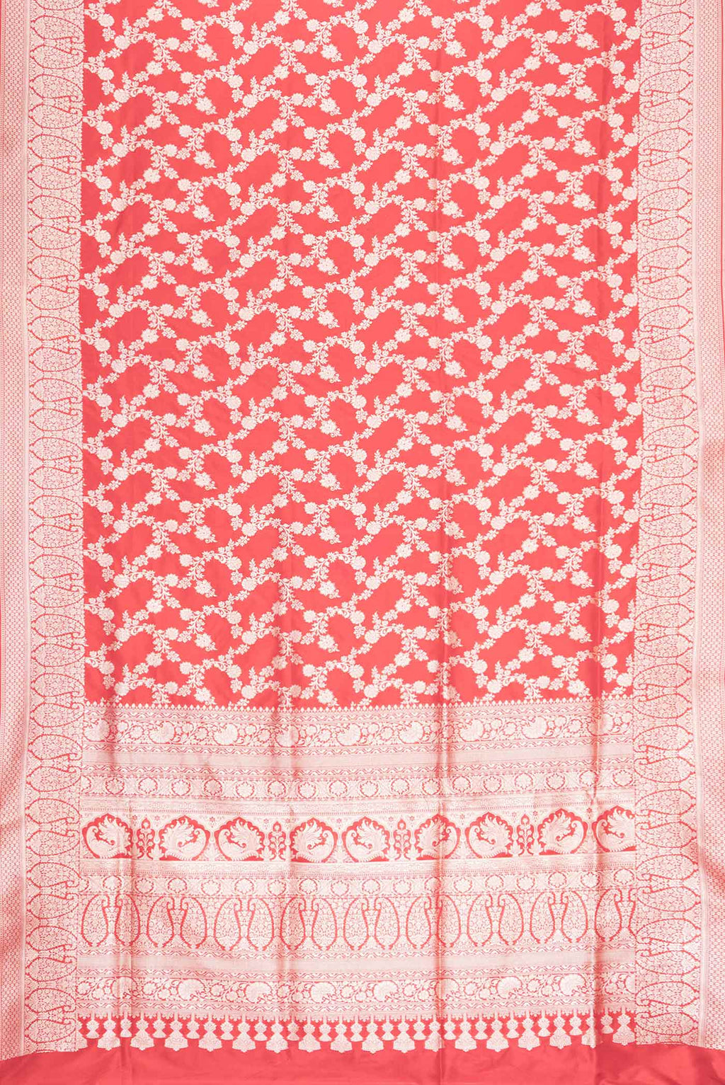 Flat view of Red Dual Tone Banarasi Silk Saree with Zari Brocade on the body and Zari Border