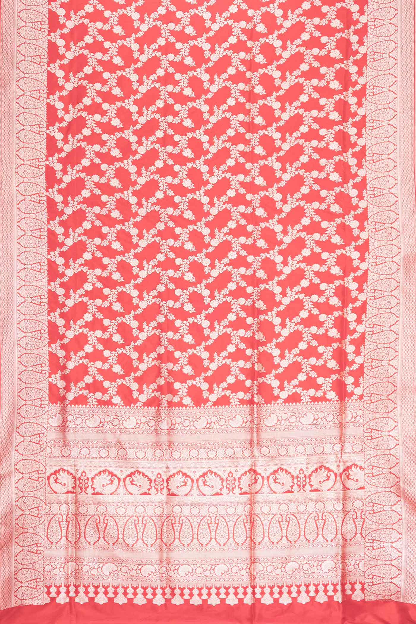 Flat view of Red Dual Tone Banarasi Silk Saree with Zari Brocade on the body and Zari Border