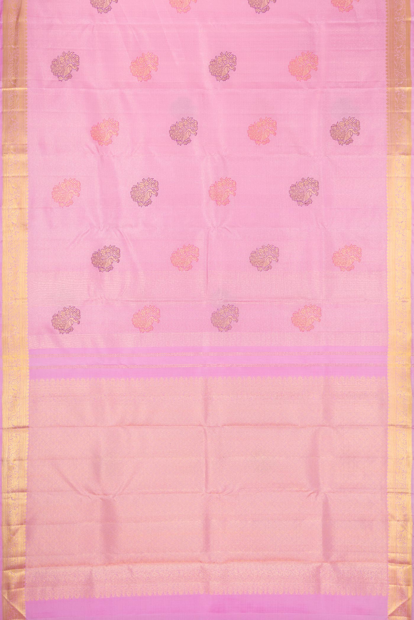 Flat view of Pink Dual Tone Kanjivaram Silk Saree with Zari Brocade on the body and Zari Border. 