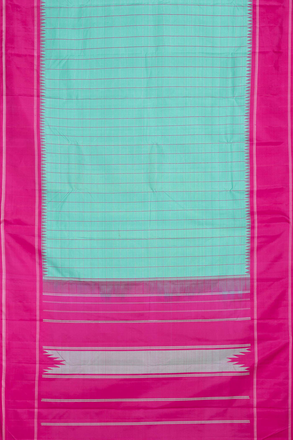 Flat view of Green Dual Tone Kanchipuram Saree with Checked design on the body and Thread Border. 