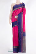 Pure Silk Dark Pink Kanjivaram Saree with Stripes on the body and Zari Border.  displayed on a mannequin