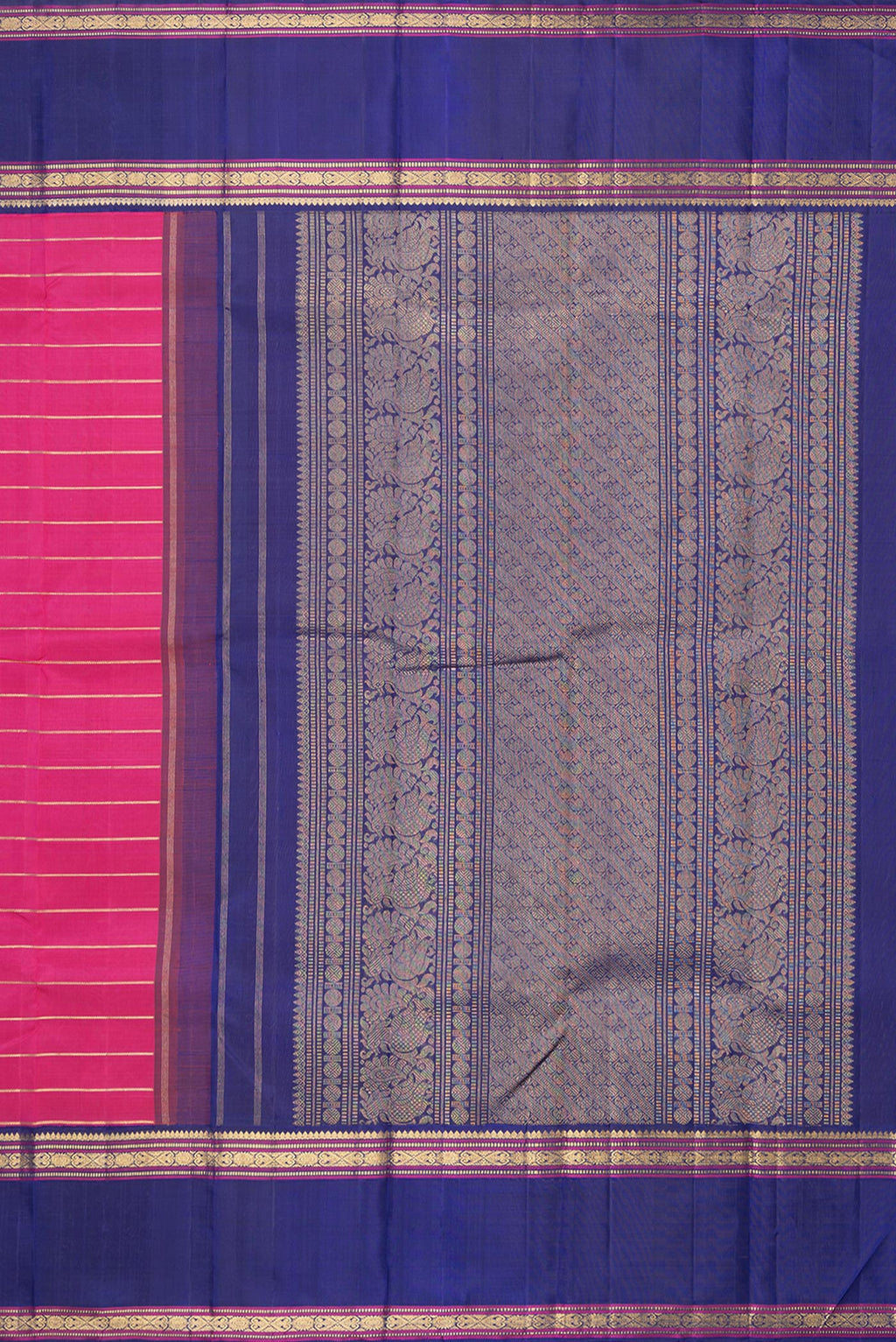 Close up image of the pallu of Pure Silk Dark Pink Kanjivaram Saree with Stripes on the body and Zari Border. 