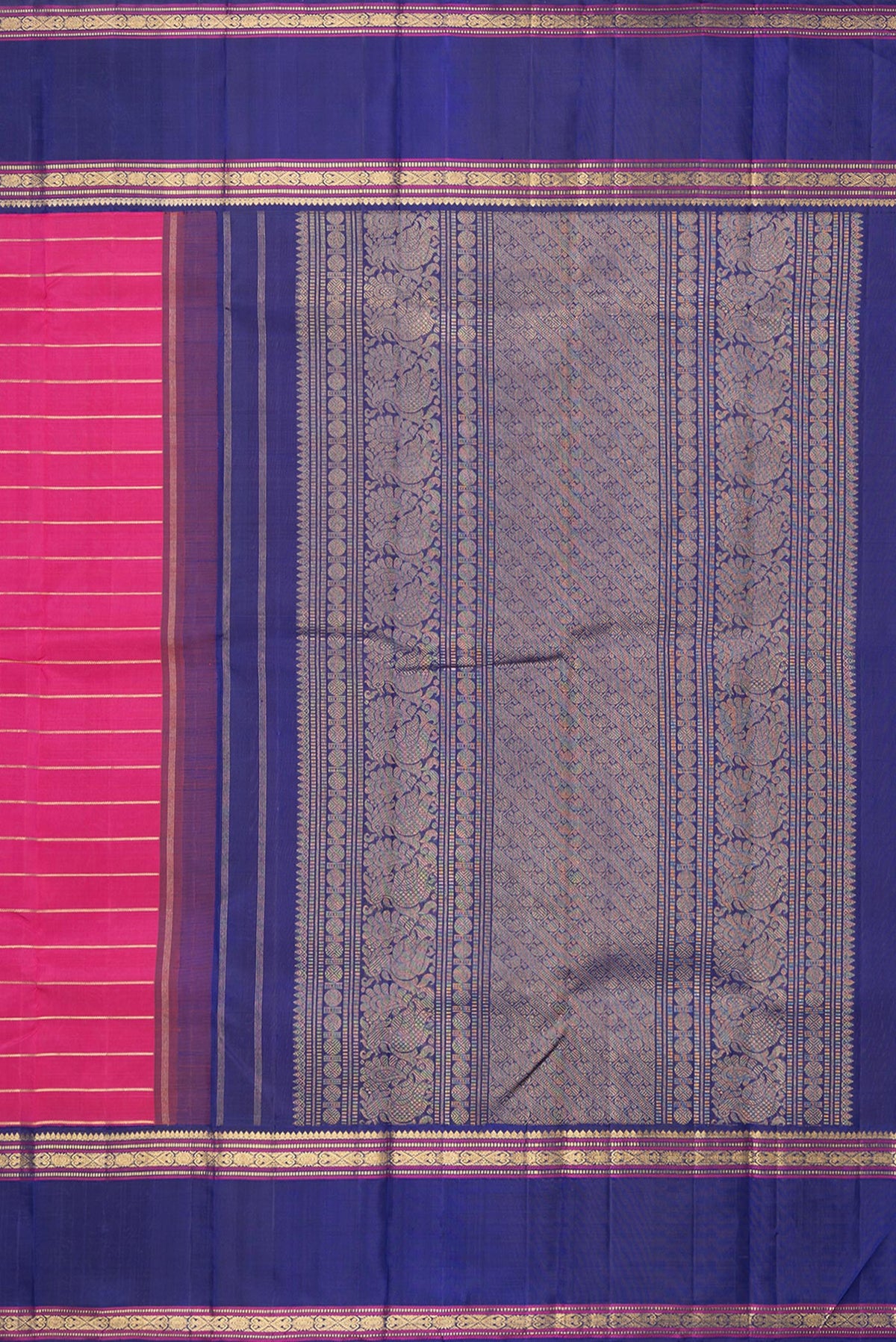 Close up image of the pallu of Pure Silk Dark Pink Kanjivaram Saree with Stripes on the body and Zari Border. 