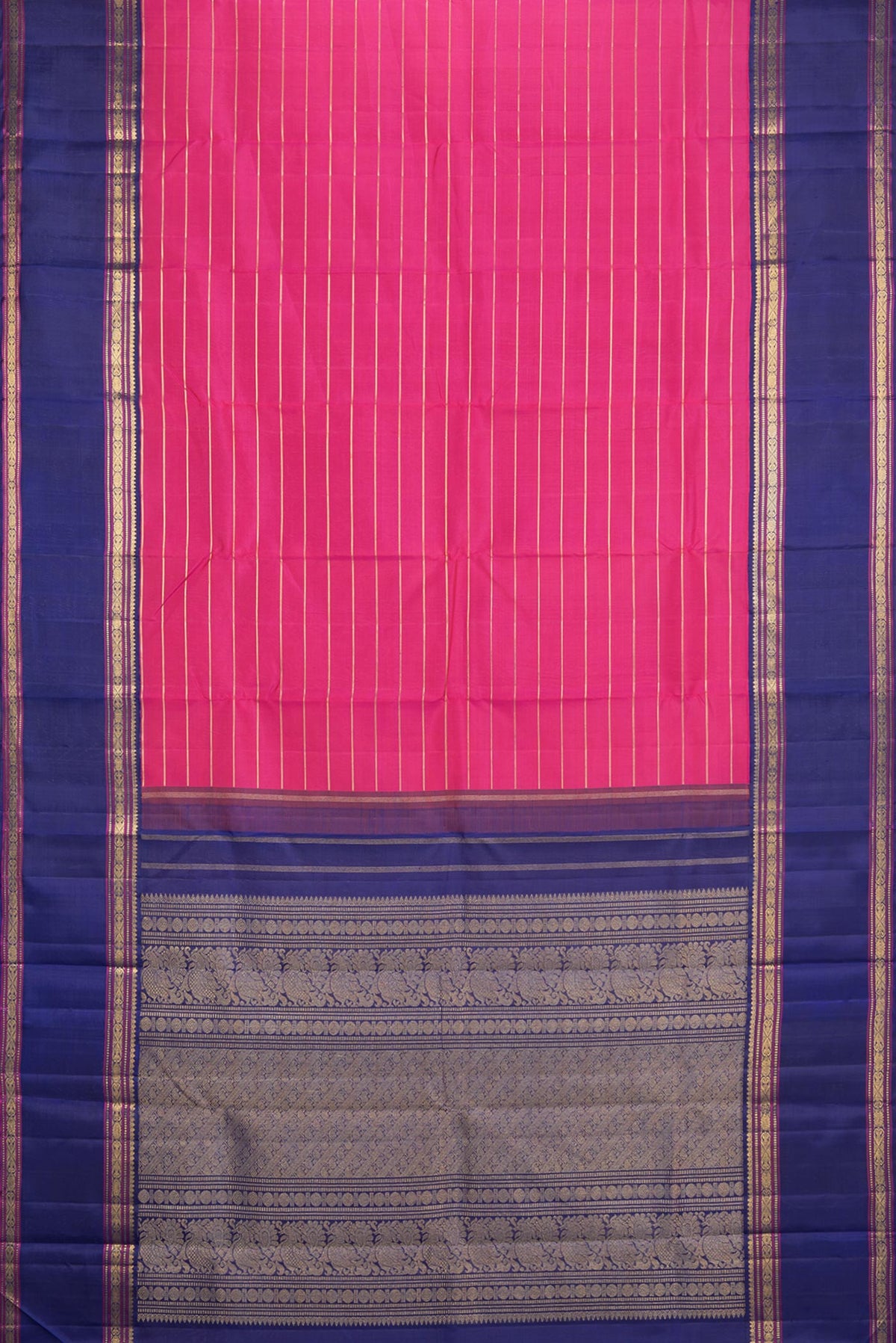 Flat view of Pure Silk Dark Pink Kanjivaram Saree with Stripes on the body and Zari Border. 