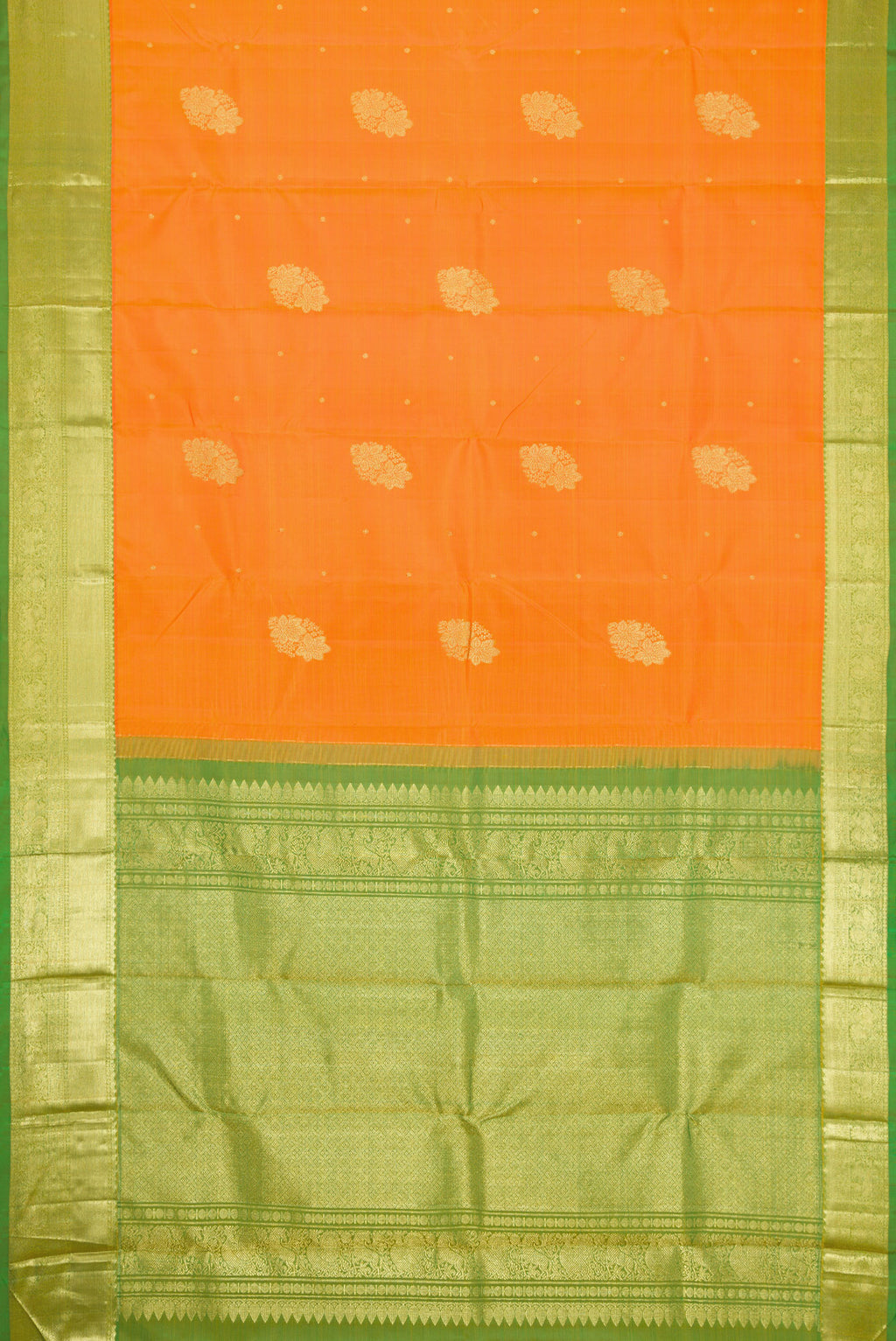 Flat view of Orange Dual Tone Kanjivaram Silk Saree with Zari Butta on the body and Zari Border. 