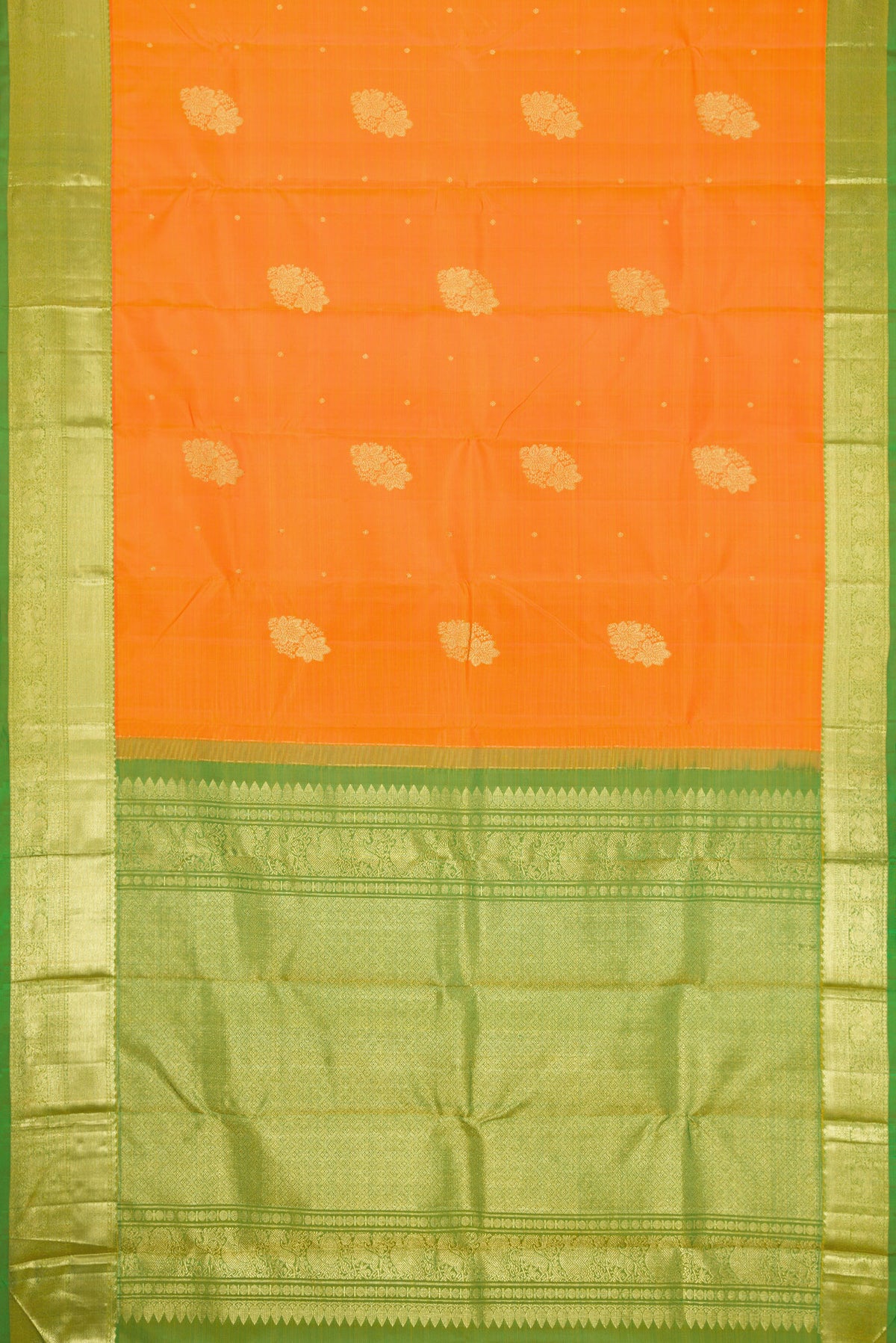 Flat view of Orange Dual Tone Kanjivaram Silk Saree with Zari Butta on the body and Zari Border. 