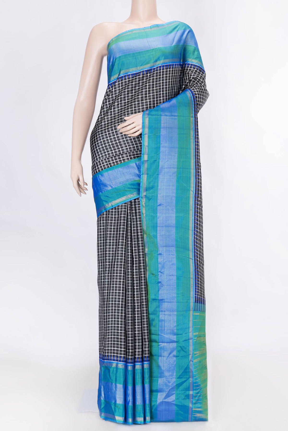 Pure Silk Pure Zari Black Dual Tone Kanchipuram Saree with Checked design on the body and Zari Border displayed on a mannequin