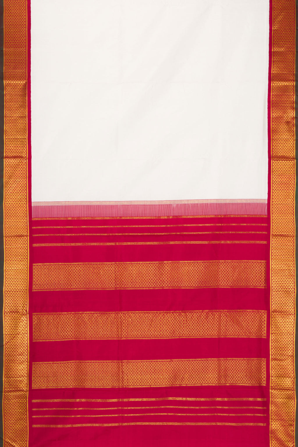 Flat view of White Dual Tone Kanchipuram Silk Nine Yards Saree with Plain Body and Zari Border. 