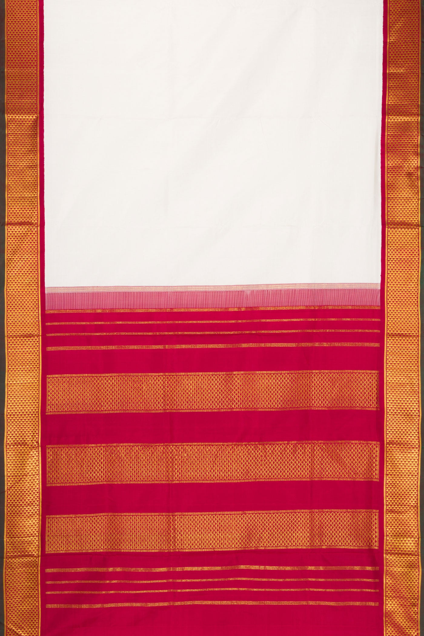 Flat view of White Dual Tone Kanchipuram Silk Nine Yards Saree with Plain Body and Zari Border. 