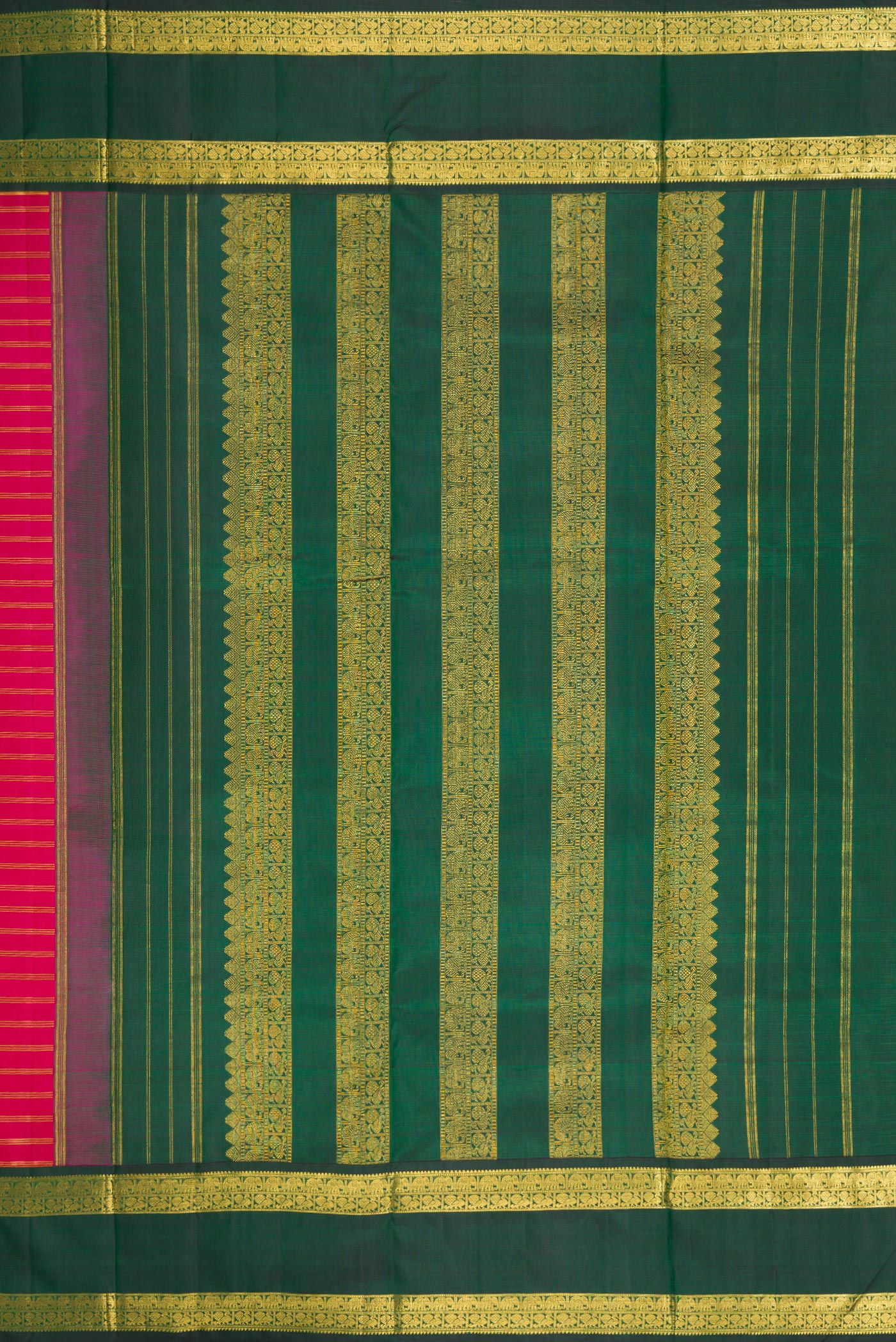 Close up image of the pallu of Dark Pink Kanchipuram Silk Nine Yards Saree with Stripes on the body and Zari Border. 