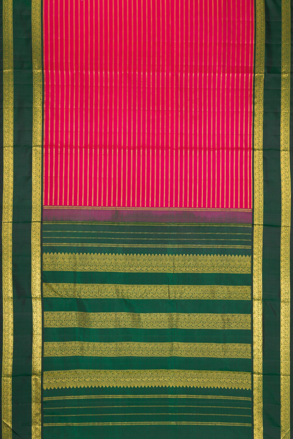 Flat view of Dark Pink Kanchipuram Silk Nine Yards Saree with Stripes on the body and Zari Border. 