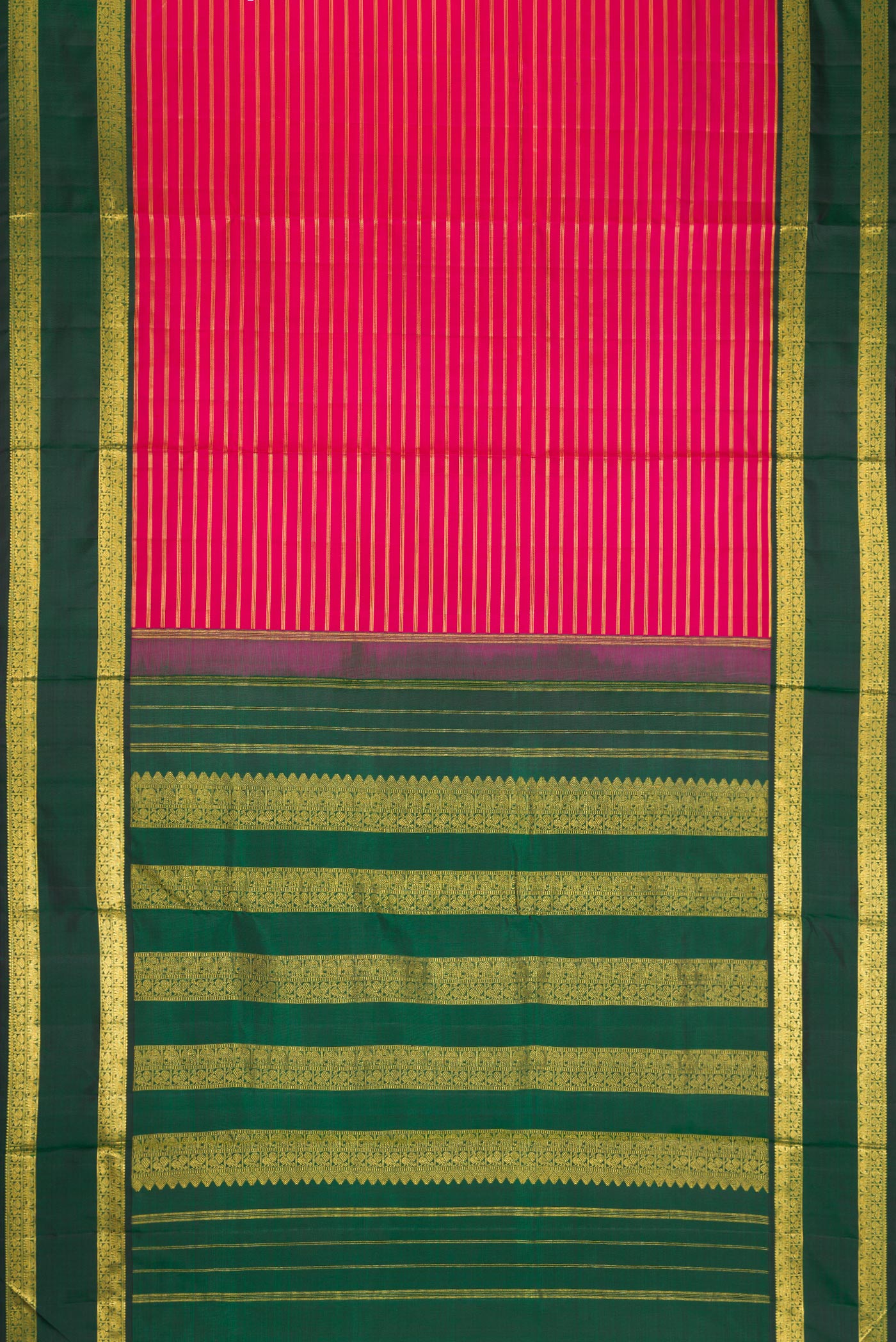 Flat view of Dark Pink Kanchipuram Silk Nine Yards Saree with Stripes on the body and Zari Border. 