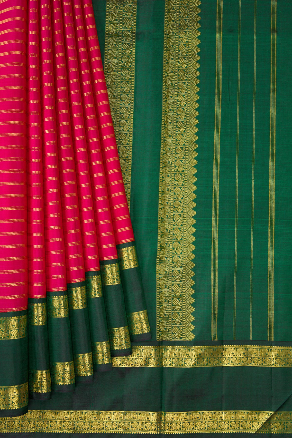 Pleats and pallu of Dark Pink Kanchipuram Silk Nine Yards Saree with Stripes on the body and Zari Border. 