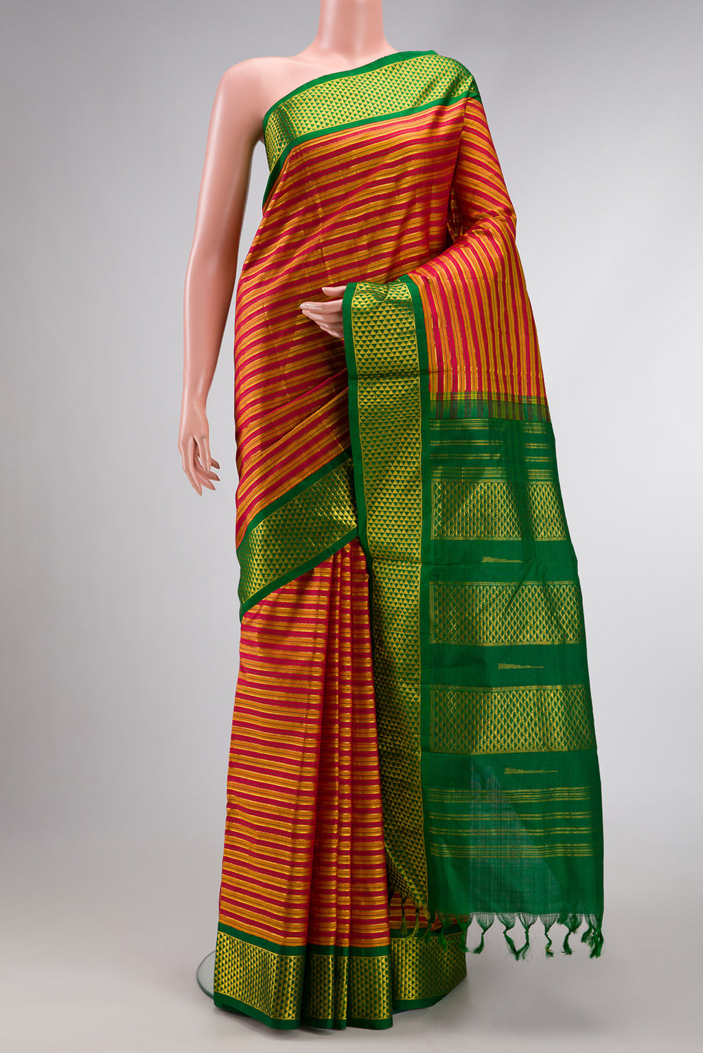 Pure Silk Pure Zari Maroon Dual Tone Kanchipuram Nine Yards Saree with Stripes on the body and Zari Border.  displayed on a mannequin