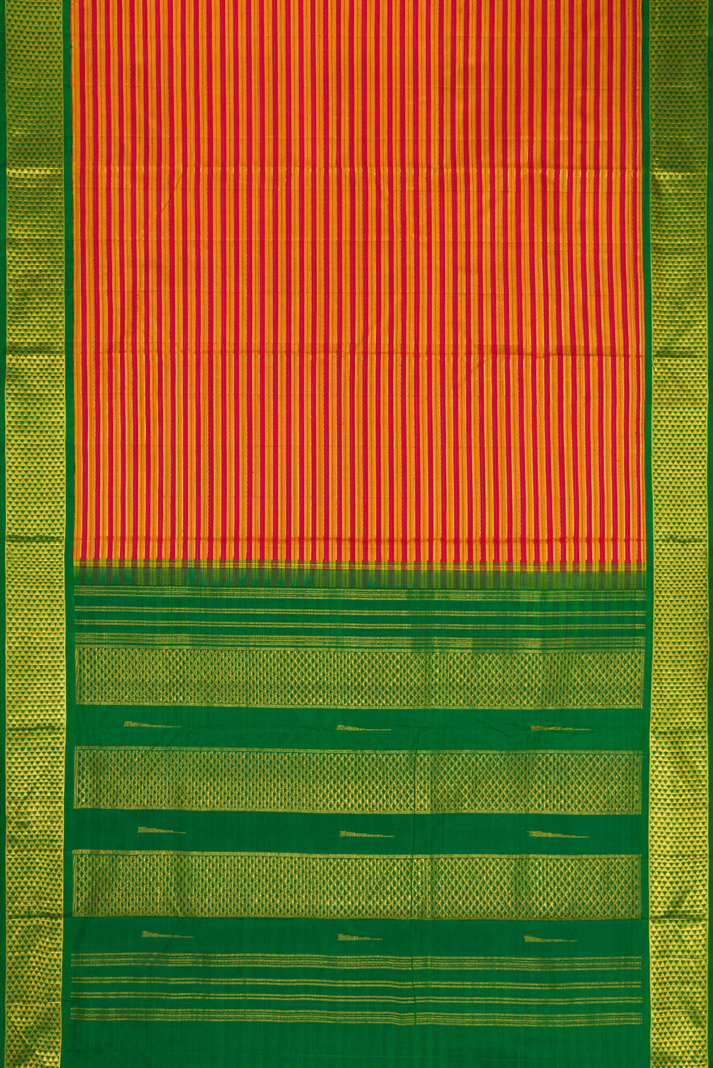 Flat view of Pure Silk Pure Zari Maroon Dual Tone Kanchipuram Nine Yards Saree with Stripes on the body and Zari Border. 