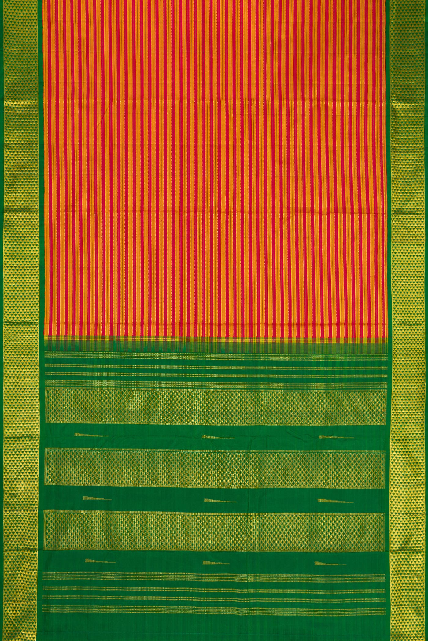 Flat view of Pure Silk Pure Zari Maroon Dual Tone Kanchipuram Nine Yards Saree with Stripes on the body and Zari Border. 