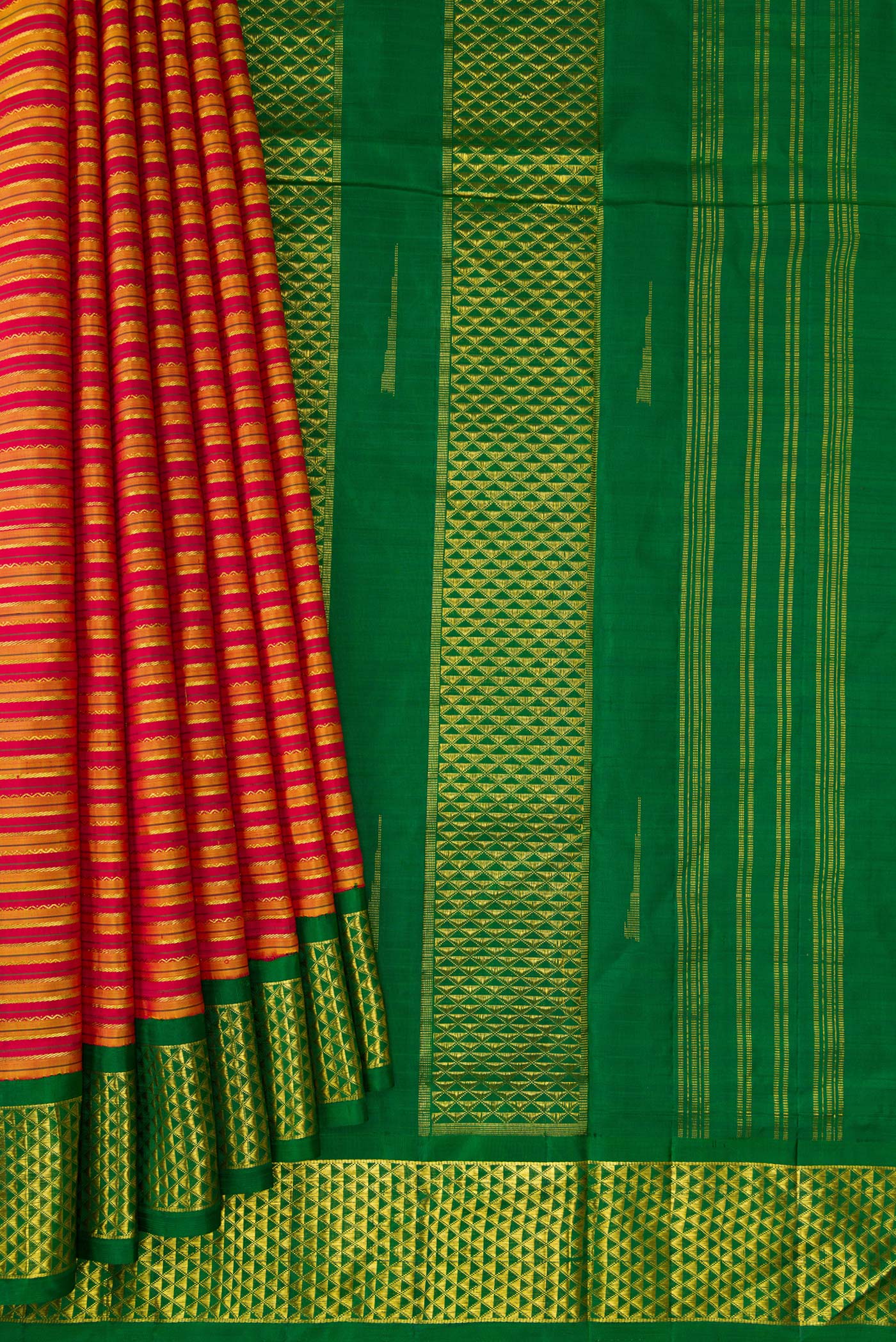 Pleats and pallu of Pure Silk Pure Zari Maroon Dual Tone Kanchipuram Nine Yards Saree with Stripes on the body and Zari Border. 