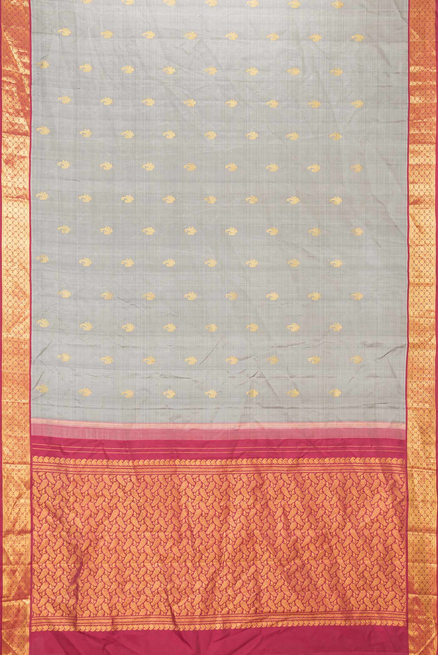 Flat view of Grey Dual Tone Kanchipuram Saree with Zari Butta on the body and Zari Border