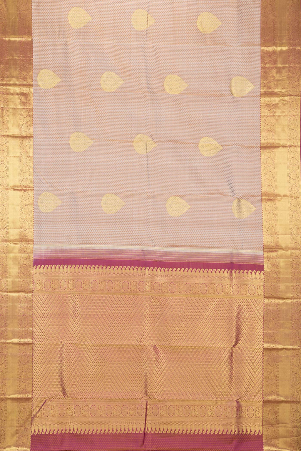 Flat view of Pure Silk Beige Dual Tone Kanchipuram Saree with Jacquard With Zari Butta on the body and Zari Border. 