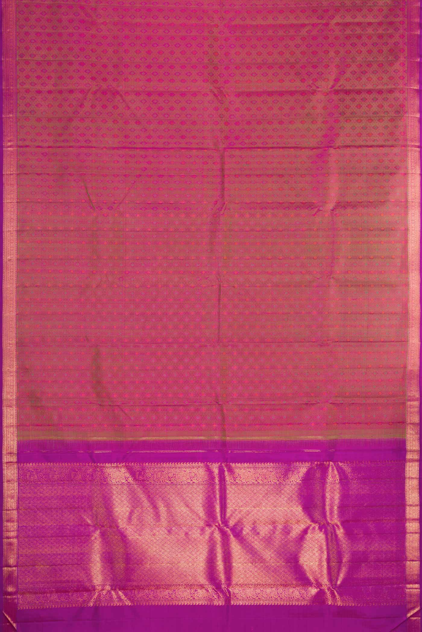 Flat view of Pure Silk Pure Zari Pink Dual Tone Kanjivaram Saree with Jacquard design on the body and Zari Border. 