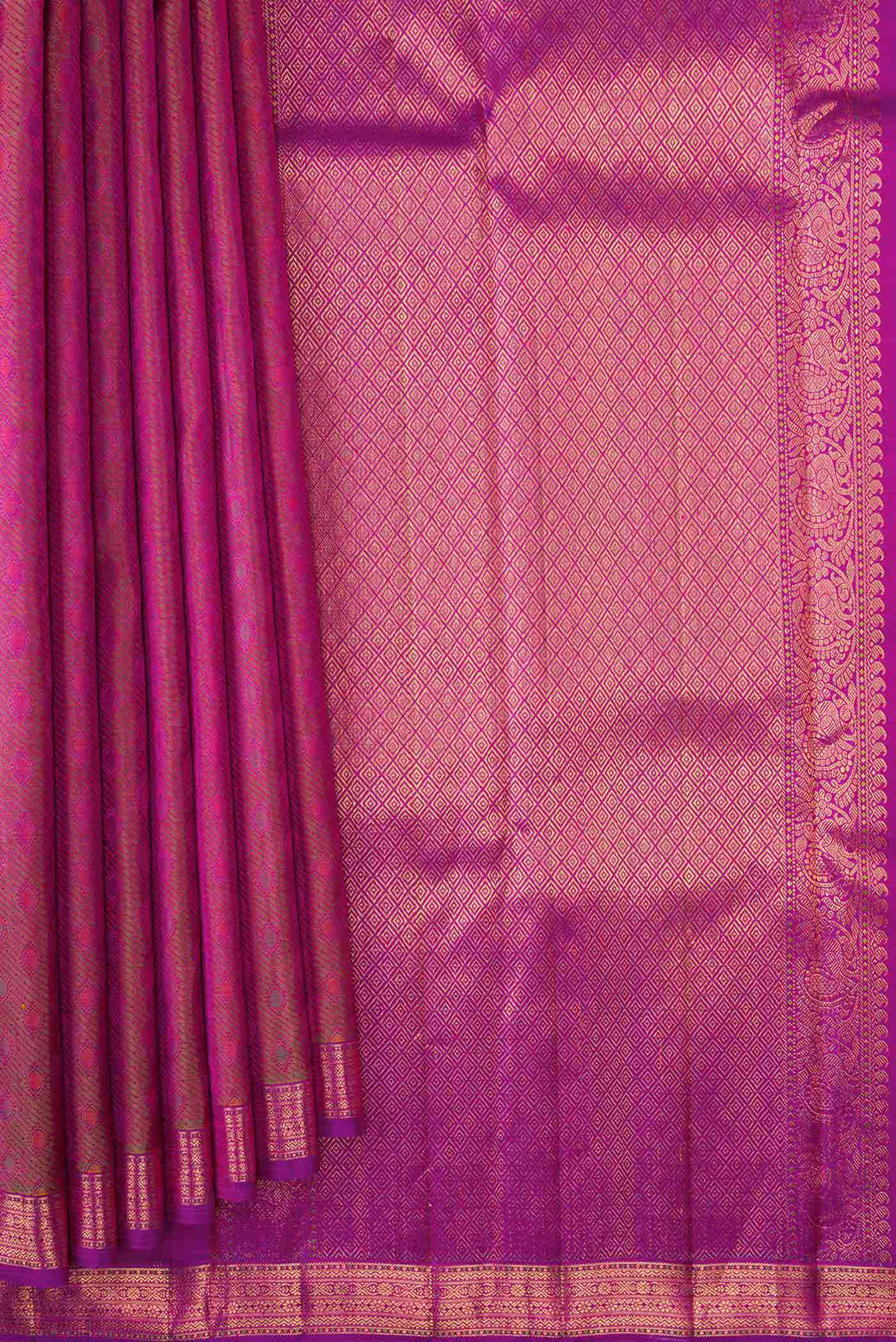 Pleats and pallu of Pure Silk Pure Zari Pink Dual Tone Kanjivaram Saree with Jacquard design on the body and Zari Border. 