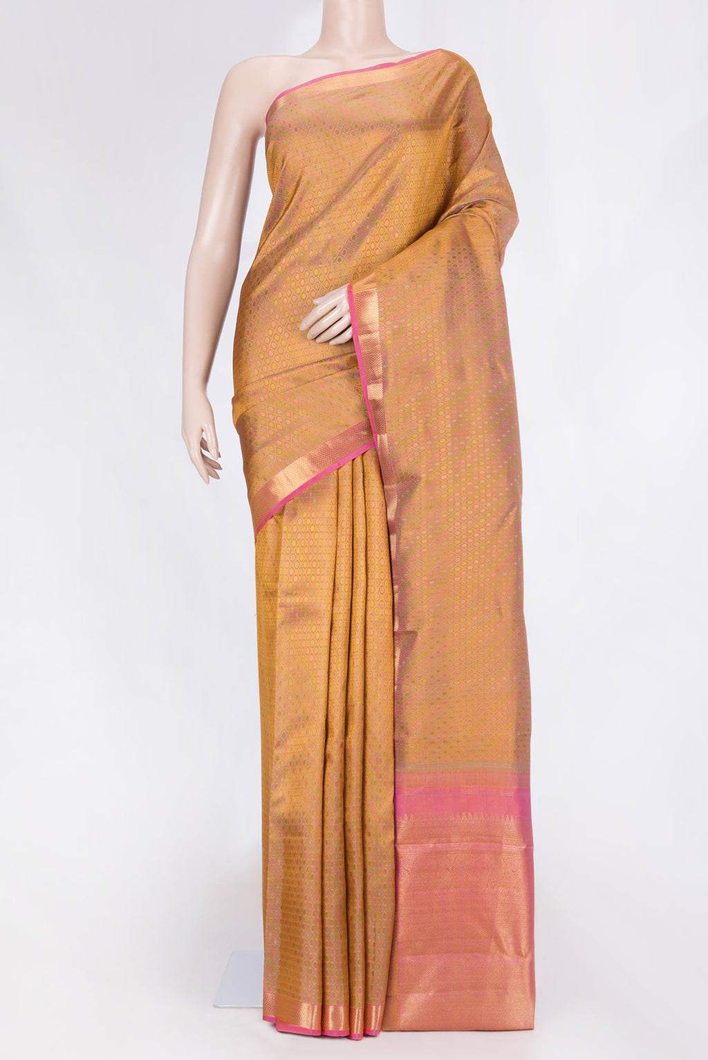 Pure Silk Pure Zari Mustard Dual Tone Kanchipuram Saree with Jacquard design on the body and Zari Border displayed on a mannequin