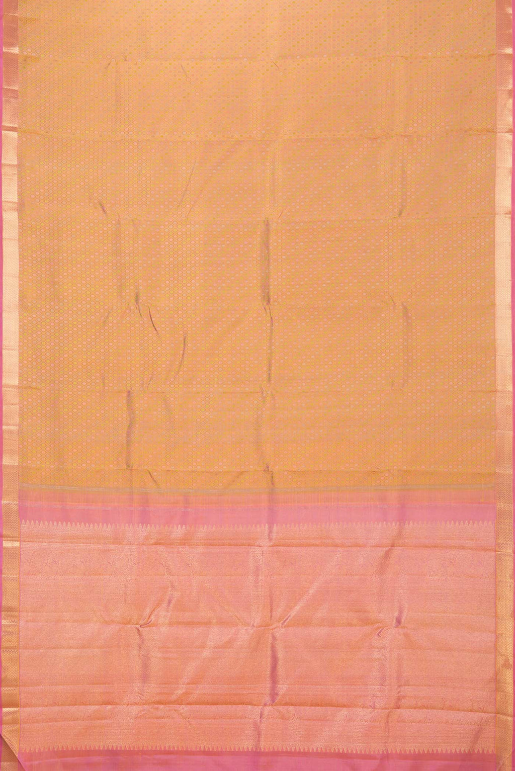 Flat view of Pure Silk Pure Zari Mustard Dual Tone Kanchipuram Saree with Jacquard design on the body and Zari Border
