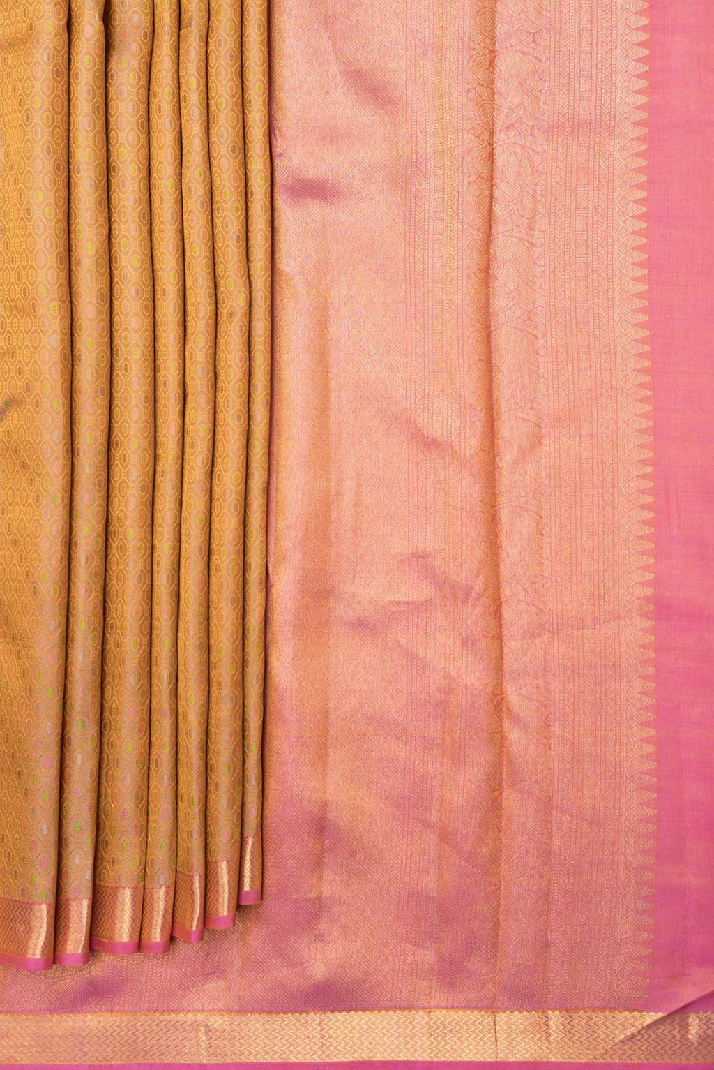 Pleats and pallu of Pure Silk Pure Zari Mustard Dual Tone Kanchipuram Saree with Jacquard design on the body and Zari Border