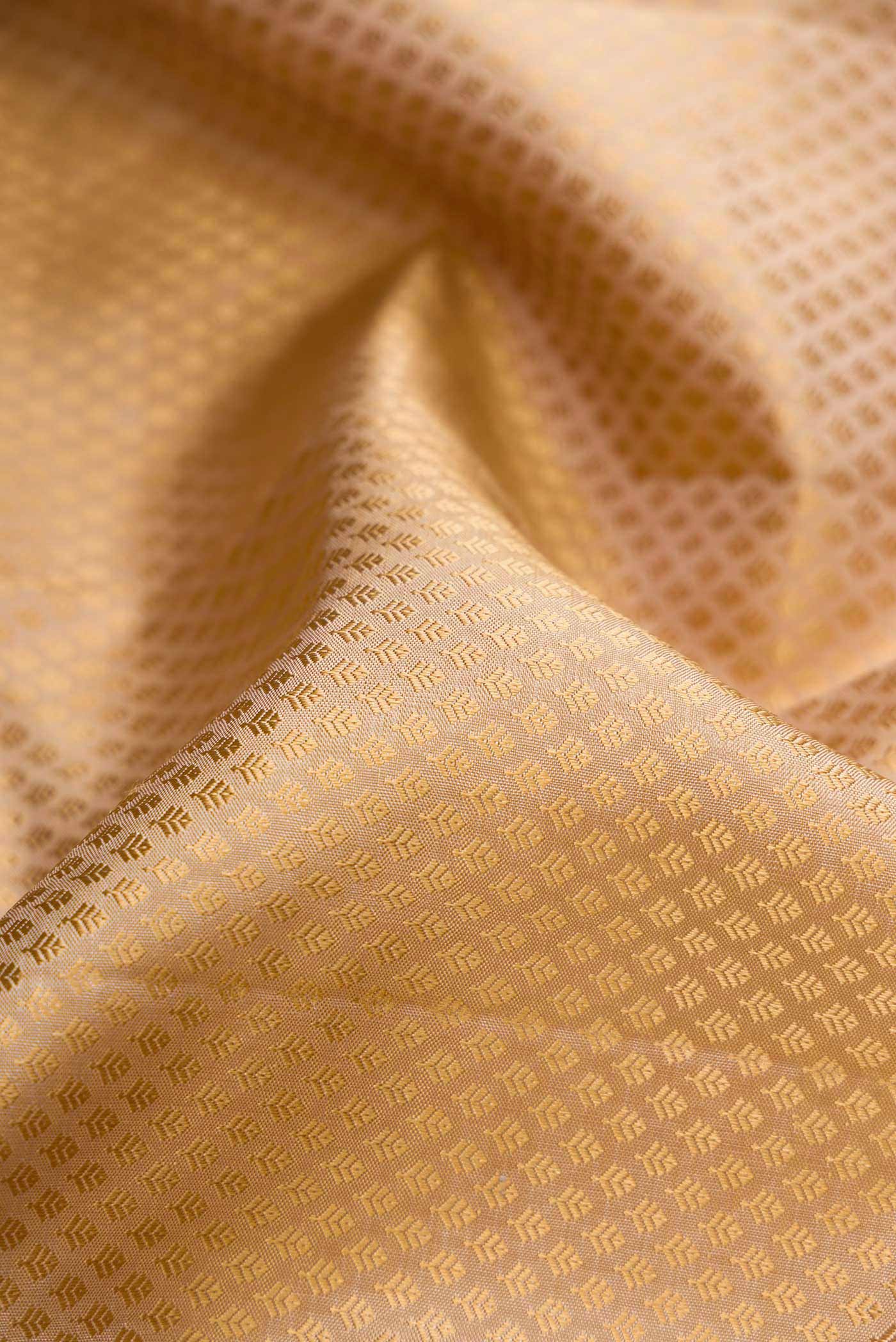 Close up of Pure Silk Pure Zari Beige Dual Tone Kanchipuram Saree with Jacquard design on the body and Zari Border.  displaying folds