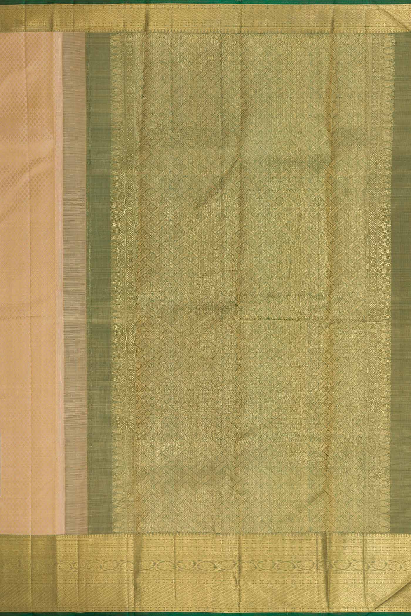 Close up image of the pallu of Pure Silk Pure Zari Beige Dual Tone Kanchipuram Saree with Jacquard design on the body and Zari Border. 