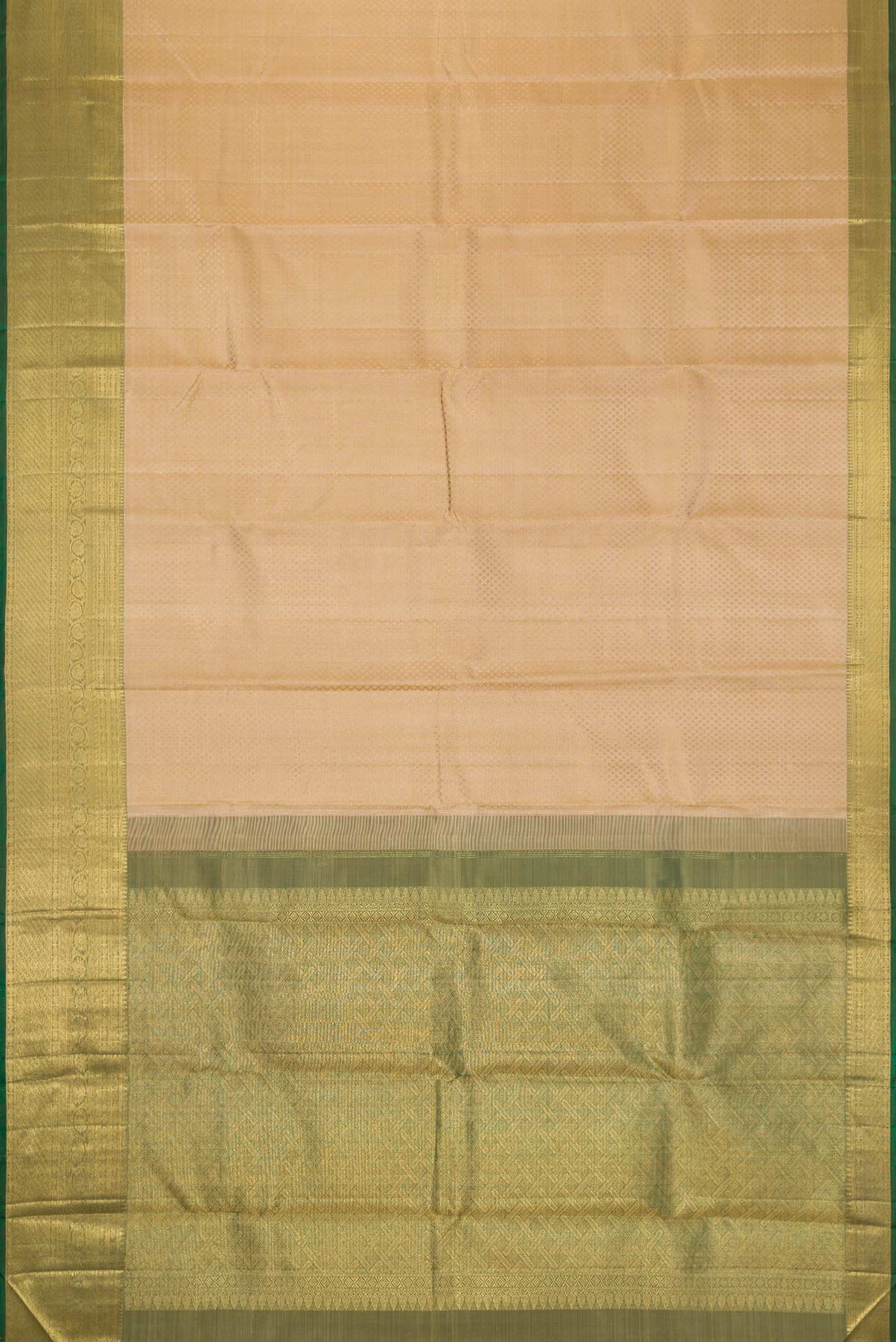 Flat view of Pure Silk Pure Zari Beige Dual Tone Kanchipuram Saree with Jacquard design on the body and Zari Border. 