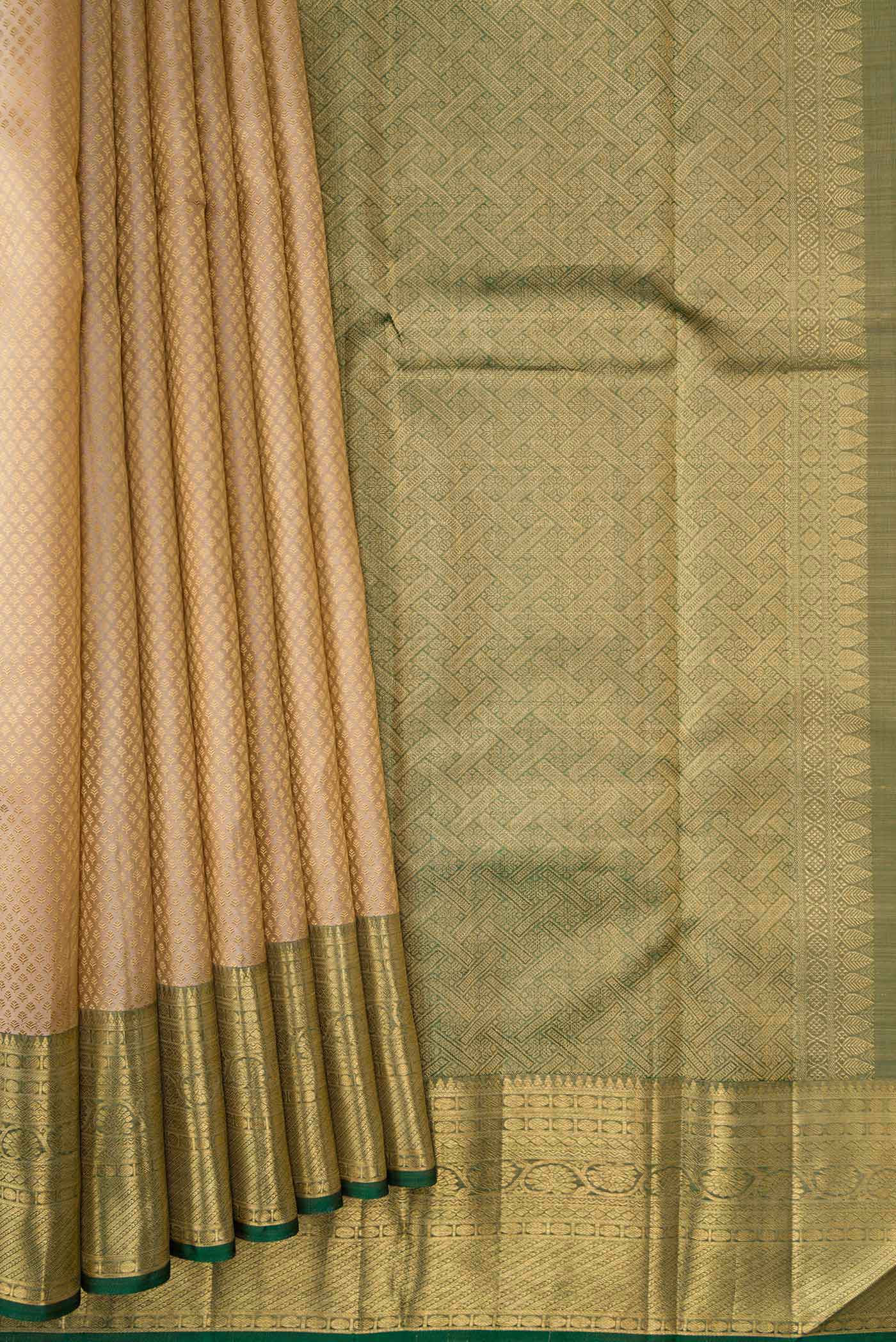 Pleats and pallu of Pure Silk Pure Zari Beige Dual Tone Kanchipuram Saree with Jacquard design on the body and Zari Border. 