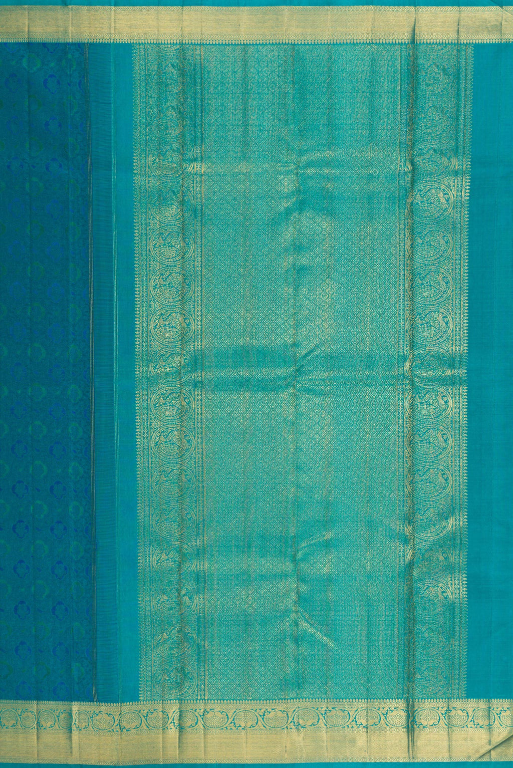Close up image of the pallu of Pure Silk Pure Zari Peacock Blue Kanchipuram Saree with Jacquard design on the body and Zari Border. 