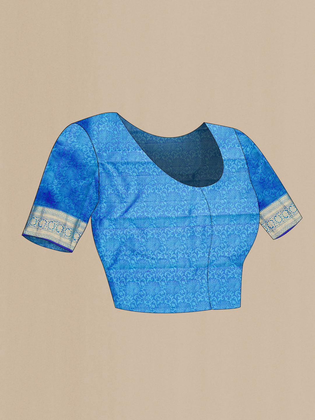 Close up image of the blouse of Sky Blue Dual Tone Kanchipuram Silk Saree with Jacquard design on the body and Zari Border. 