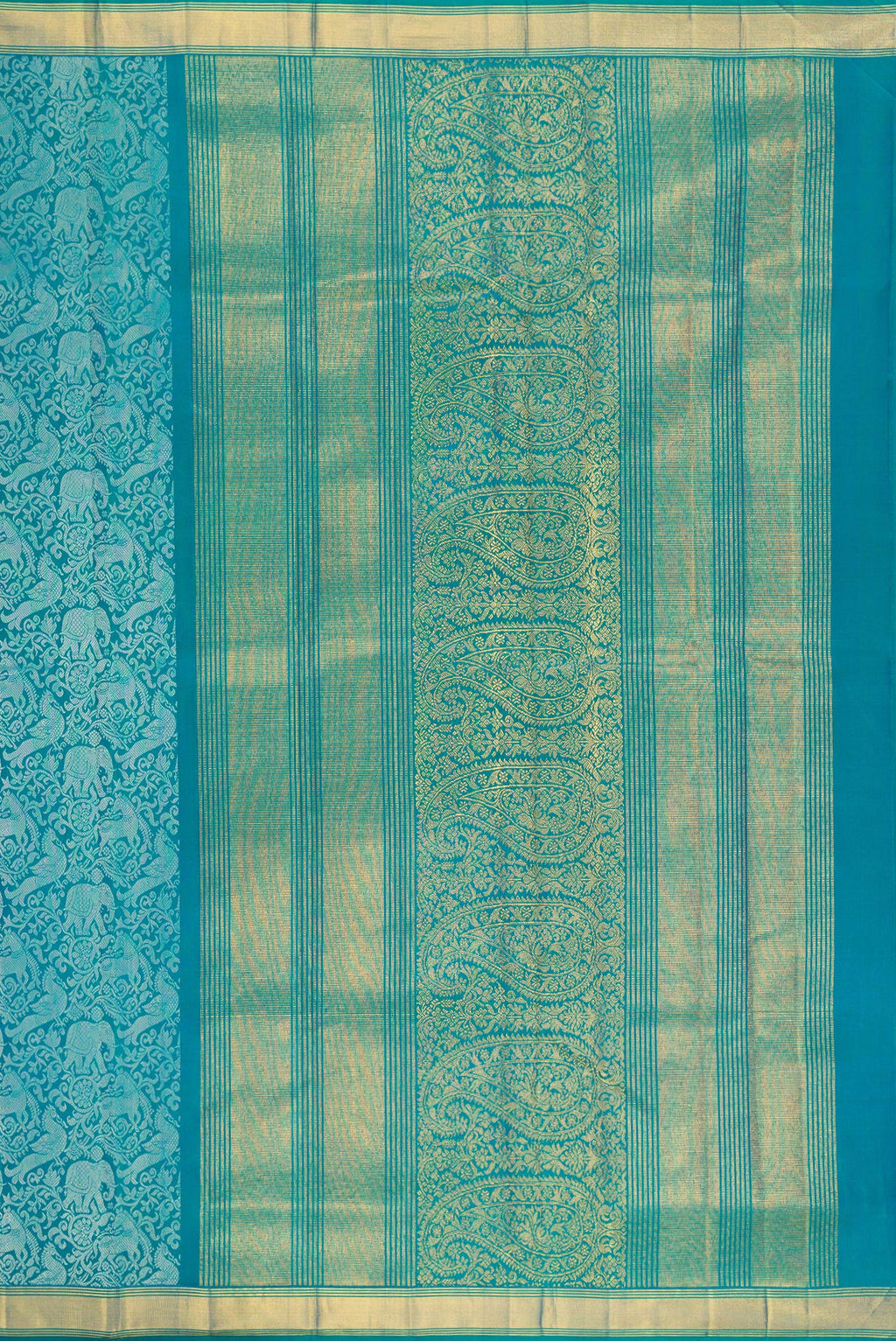 Close up image of the pallu of Pure Silk Pure Zari Peacock Blue Dual Tone Kanchipuram Saree with Jacquard design on the body and Zari Border. 