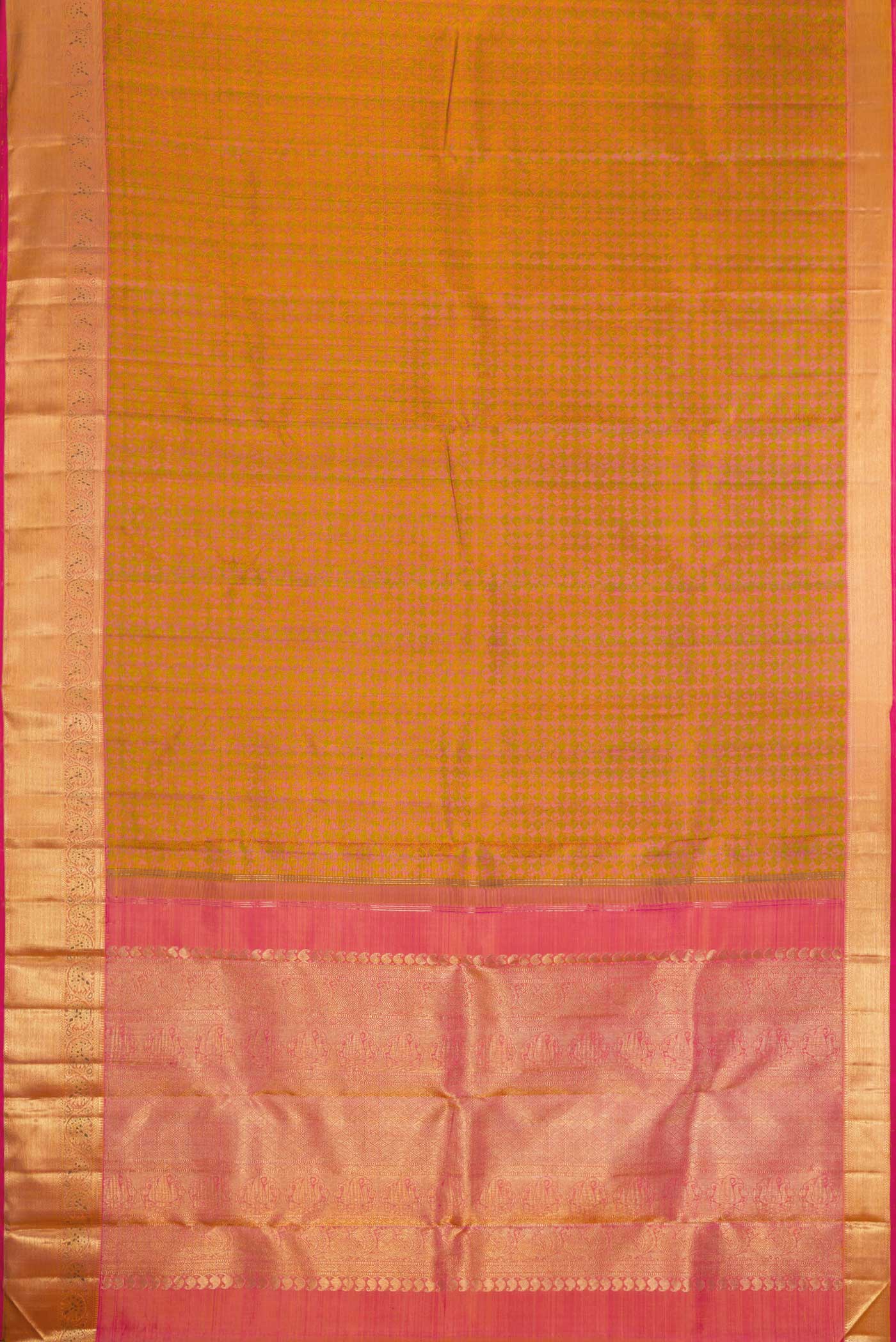 Flat view of Pure Silk Pure Zari Pink Dual Tone Kanchipuram Saree with Jacquard design on the body and Zari Border. 
