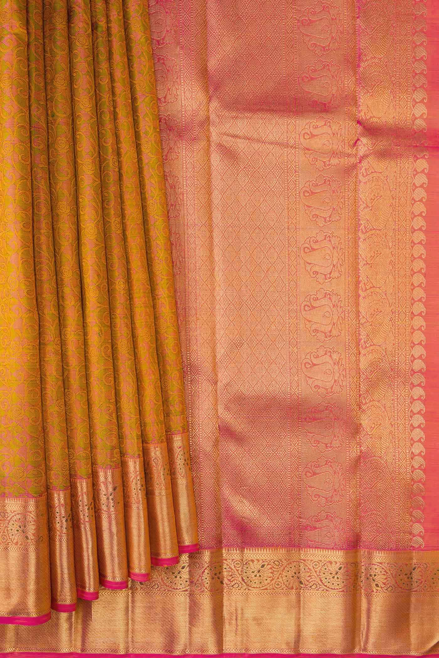 Pleats and pallu of Pure Silk Pure Zari Pink Dual Tone Kanchipuram Saree with Jacquard design on the body and Zari Border. 