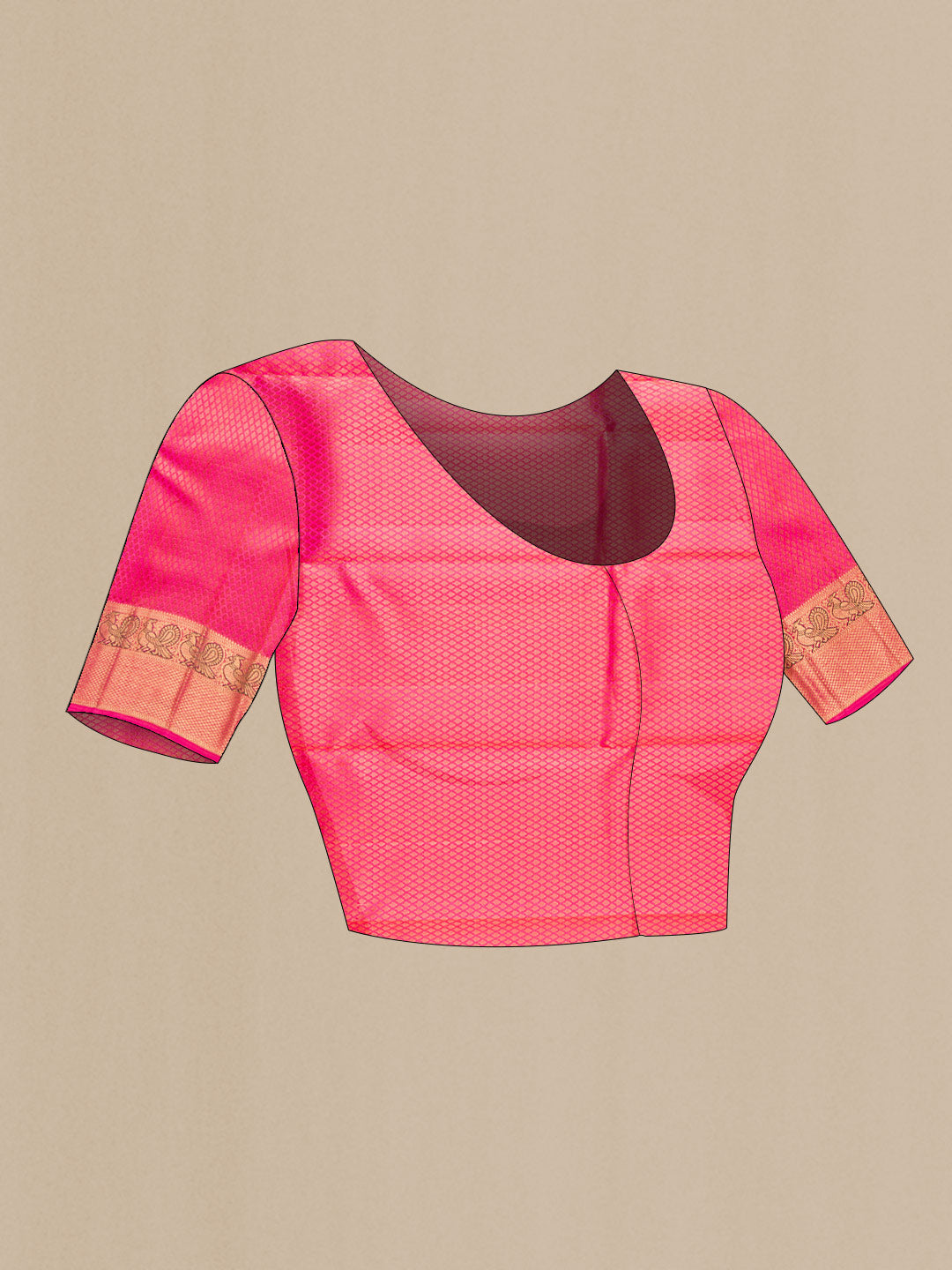 Close up image of the blouse of Pure Silk Pure Zari Golden Peach Dual Tone Kanchipuram Saree with Jacquard design on the body and Zari Border. 