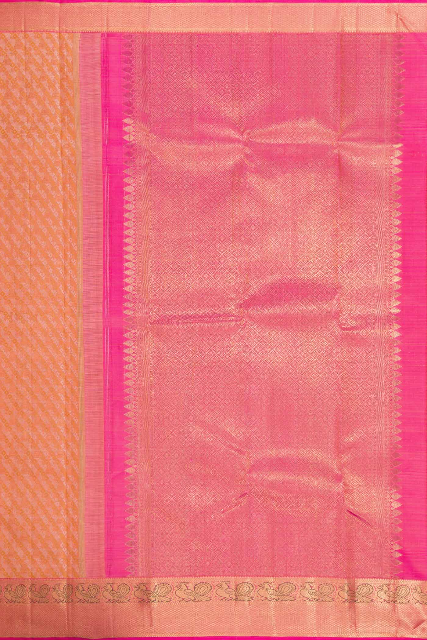 Close up image of the pallu of Pure Silk Pure Zari Golden Peach Dual Tone Kanchipuram Saree with Jacquard design on the body and Zari Border. 