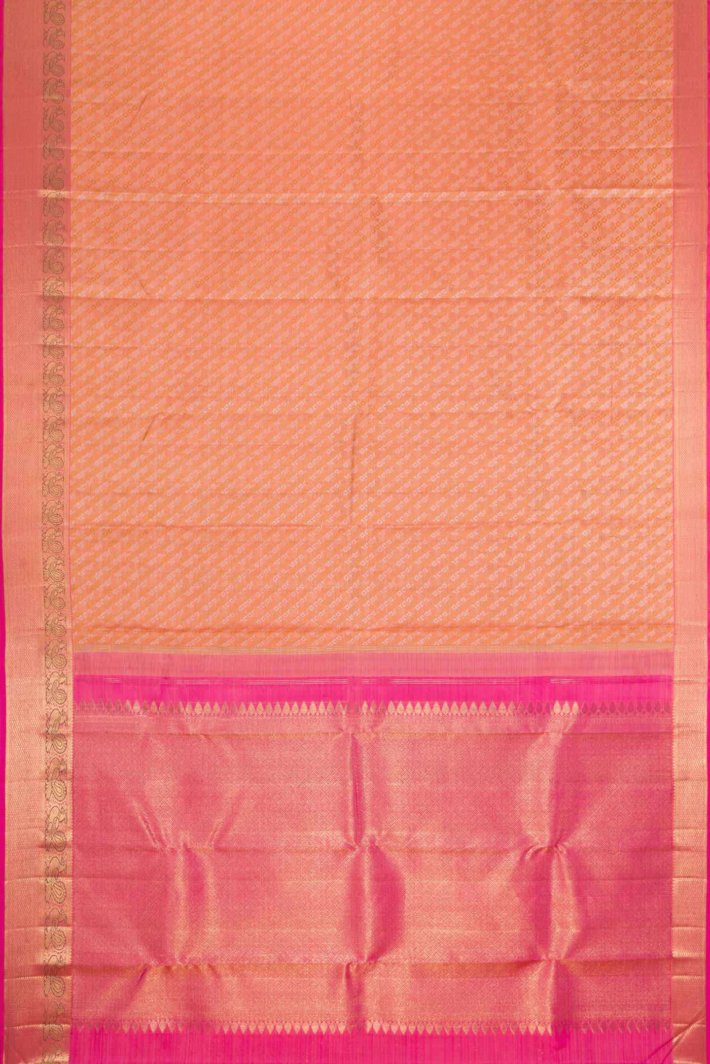 Flat view of Pure Silk Pure Zari Golden Peach Dual Tone Kanchipuram Saree with Jacquard design on the body and Zari Border. 