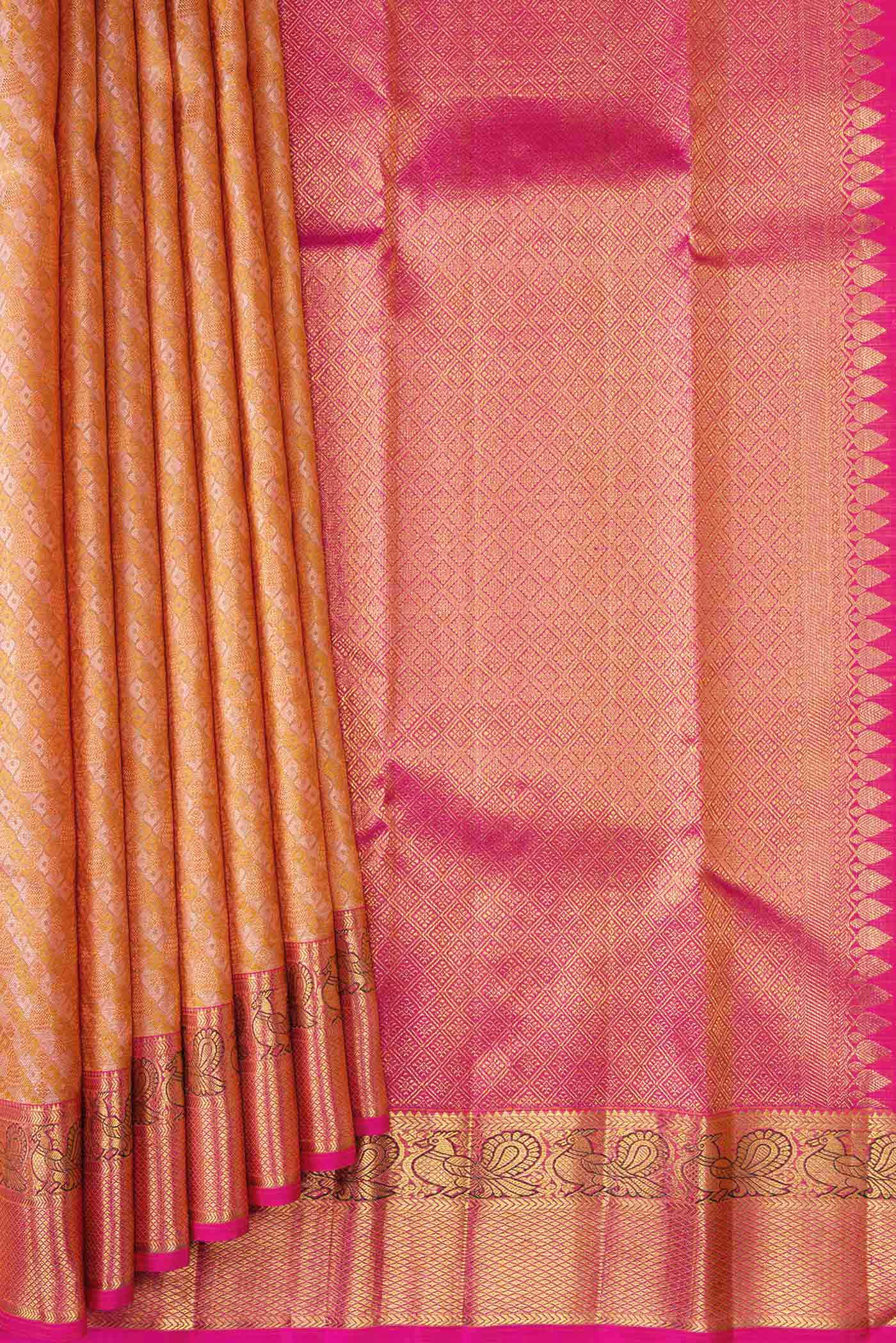 Pleats and pallu of Pure Silk Pure Zari Golden Peach Dual Tone Kanchipuram Saree with Jacquard design on the body and Zari Border. 