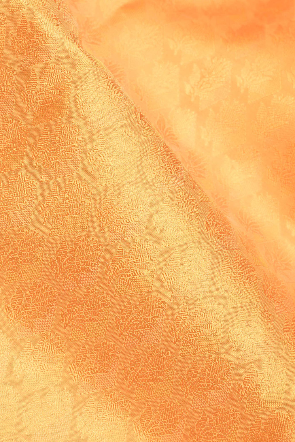 Close up of Pure Silk Pure Zari Mustard Kanchipuram Saree with Jacquard design on the body and Zari Border.  displaying folds