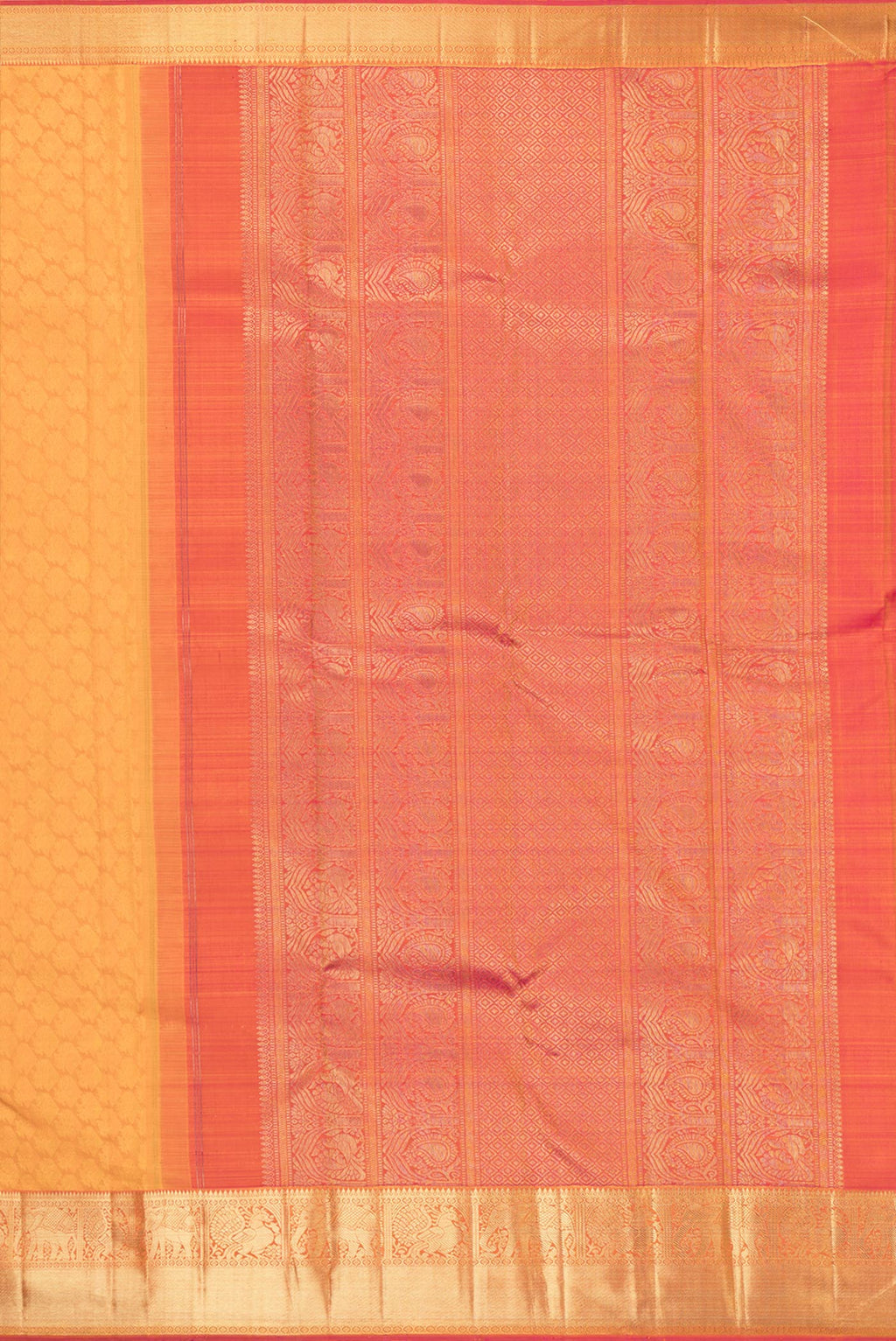 Close up image of the pallu of Pure Silk Pure Zari Mustard Kanchipuram Saree with Jacquard design on the body and Zari Border. 