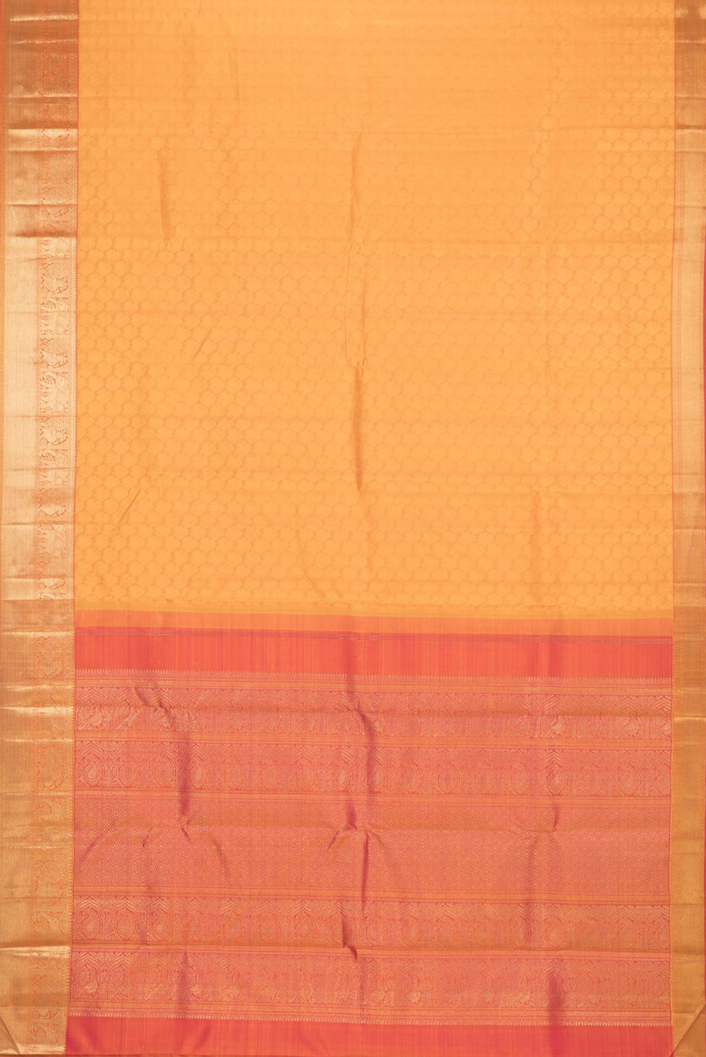 Flat view of Pure Silk Pure Zari Mustard Kanchipuram Saree with Jacquard design on the body and Zari Border. 