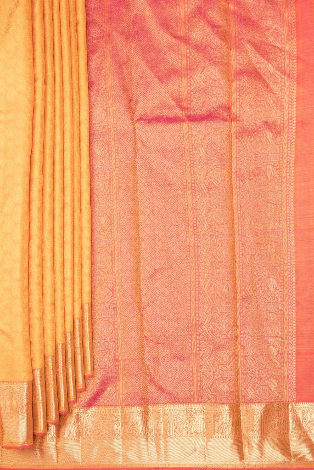 Pleats and pallu of Pure Silk Pure Zari Mustard Kanchipuram Saree with Jacquard design on the body and Zari Border. 