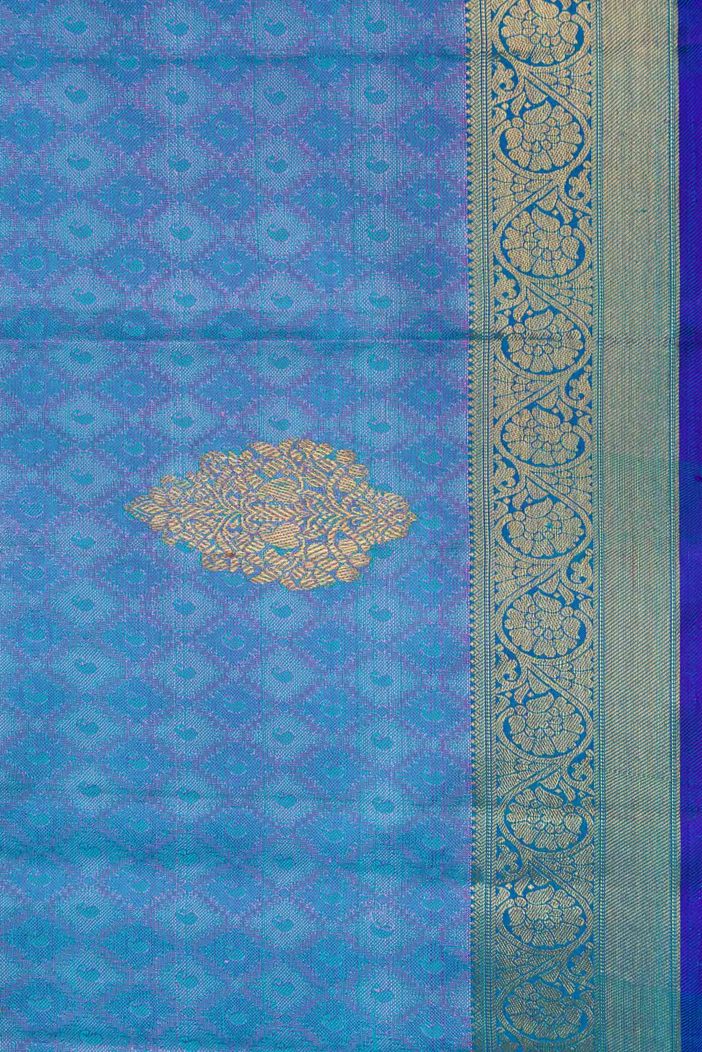 Border image of Pure Silk Pure Zari Peacock Blue Dual Tone Kanchipuram Saree with Jacquard With Zari Butta on the body and Zari Border. 