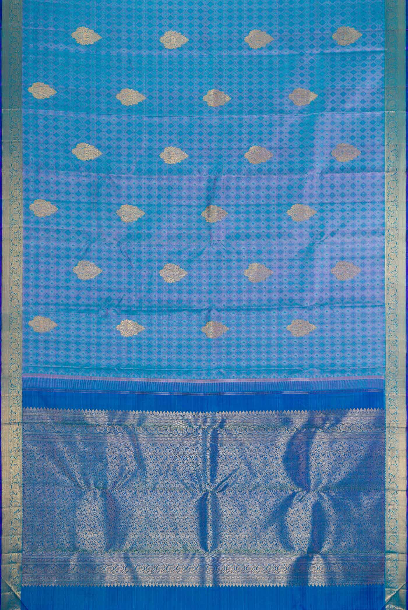 Flat view of Pure Silk Pure Zari Peacock Blue Dual Tone Kanchipuram Saree with Jacquard With Zari Butta on the body and Zari Border. 