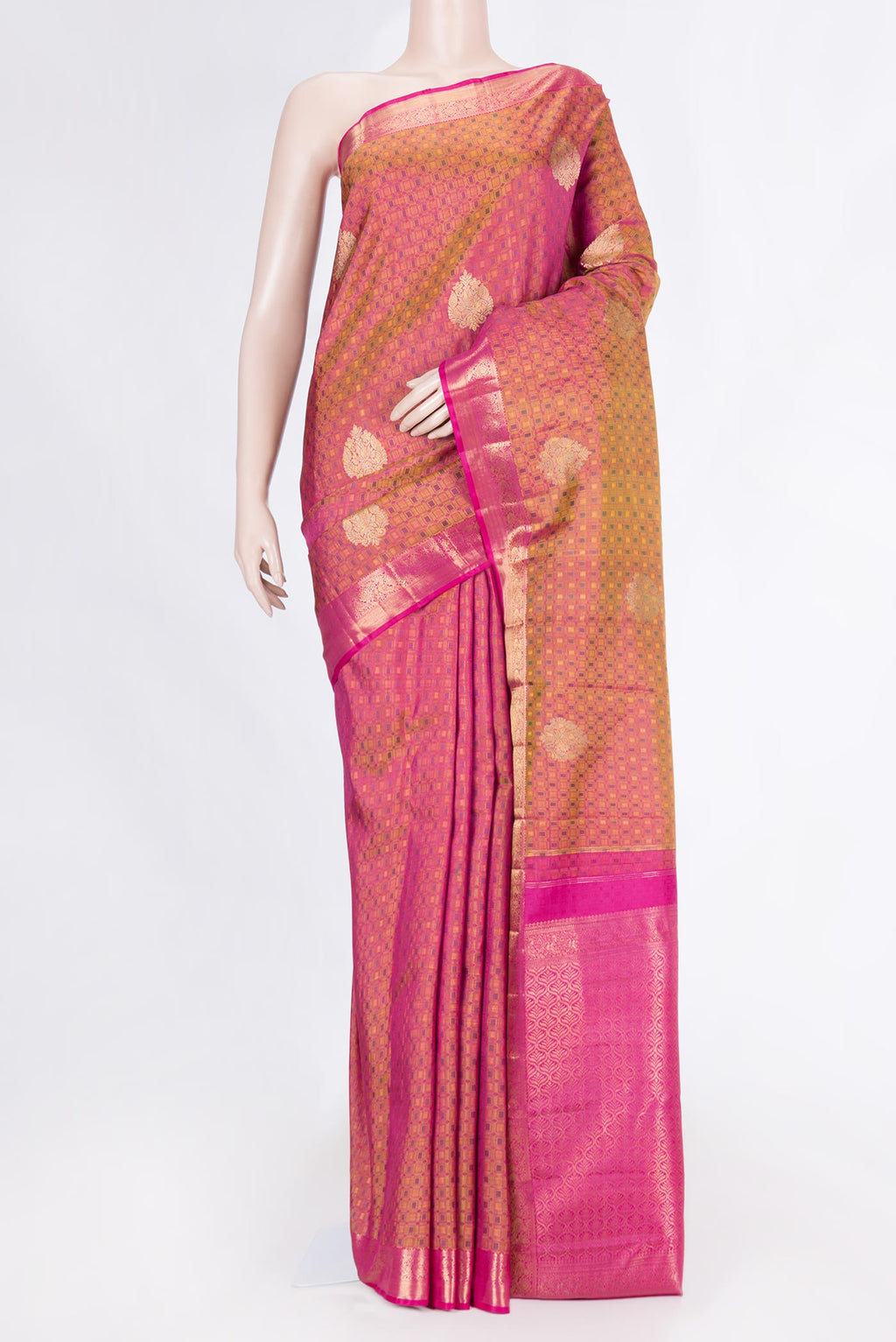 Pure Silk Pure Zari Mustard Dual Tone Kanchipuram Saree with Jacquard With Zari Butta on the body and Zari Border displayed on a mannequin