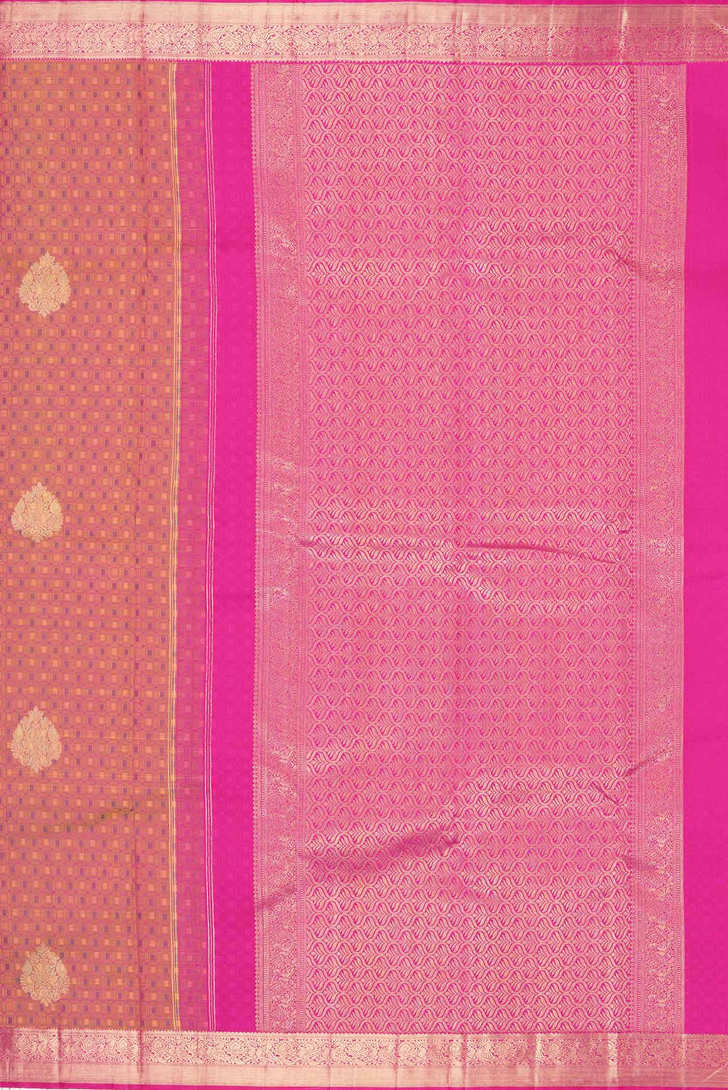 Close up image of the pallu of Pure Silk Pure Zari Mustard Dual Tone Kanchipuram Saree with Jacquard With Zari Butta on the body and Zari Border